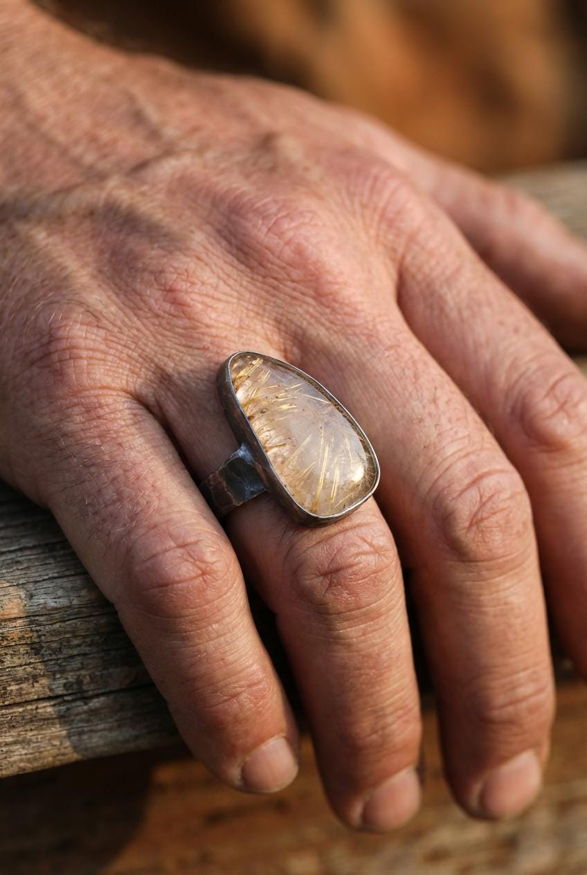 Golden Rutile Quartz 925 Silver Ring, Hammered Oxidized Setting, Men's Size 9