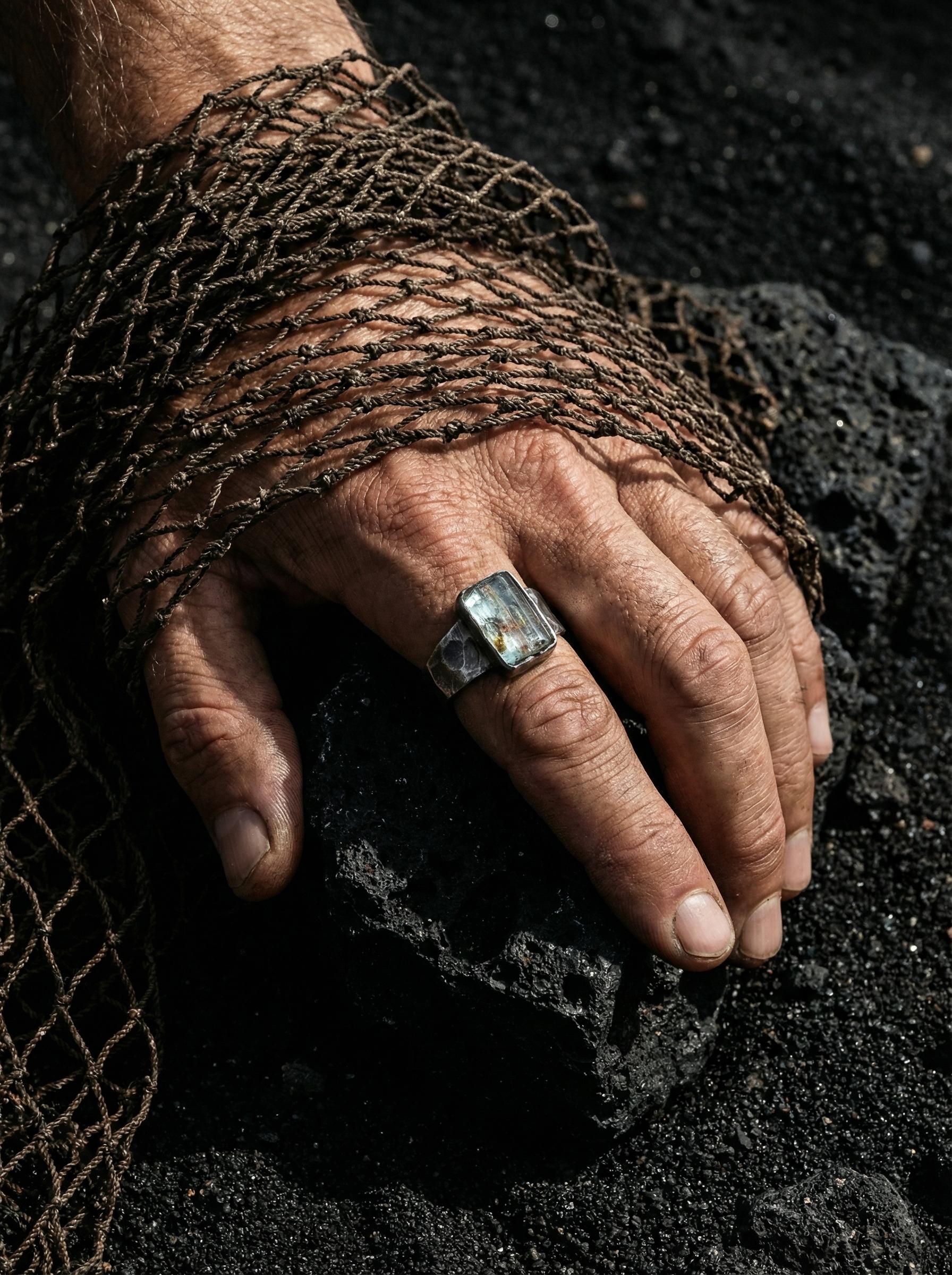 Australian Aquamarine Ring: Hammered Oxidized 925 Silver, Size 8
