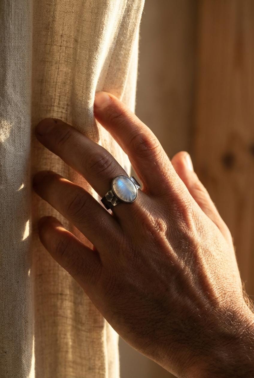 Blue Moonstone Ring, Hammered Oxidized 925 Sterling Silver, Size 8