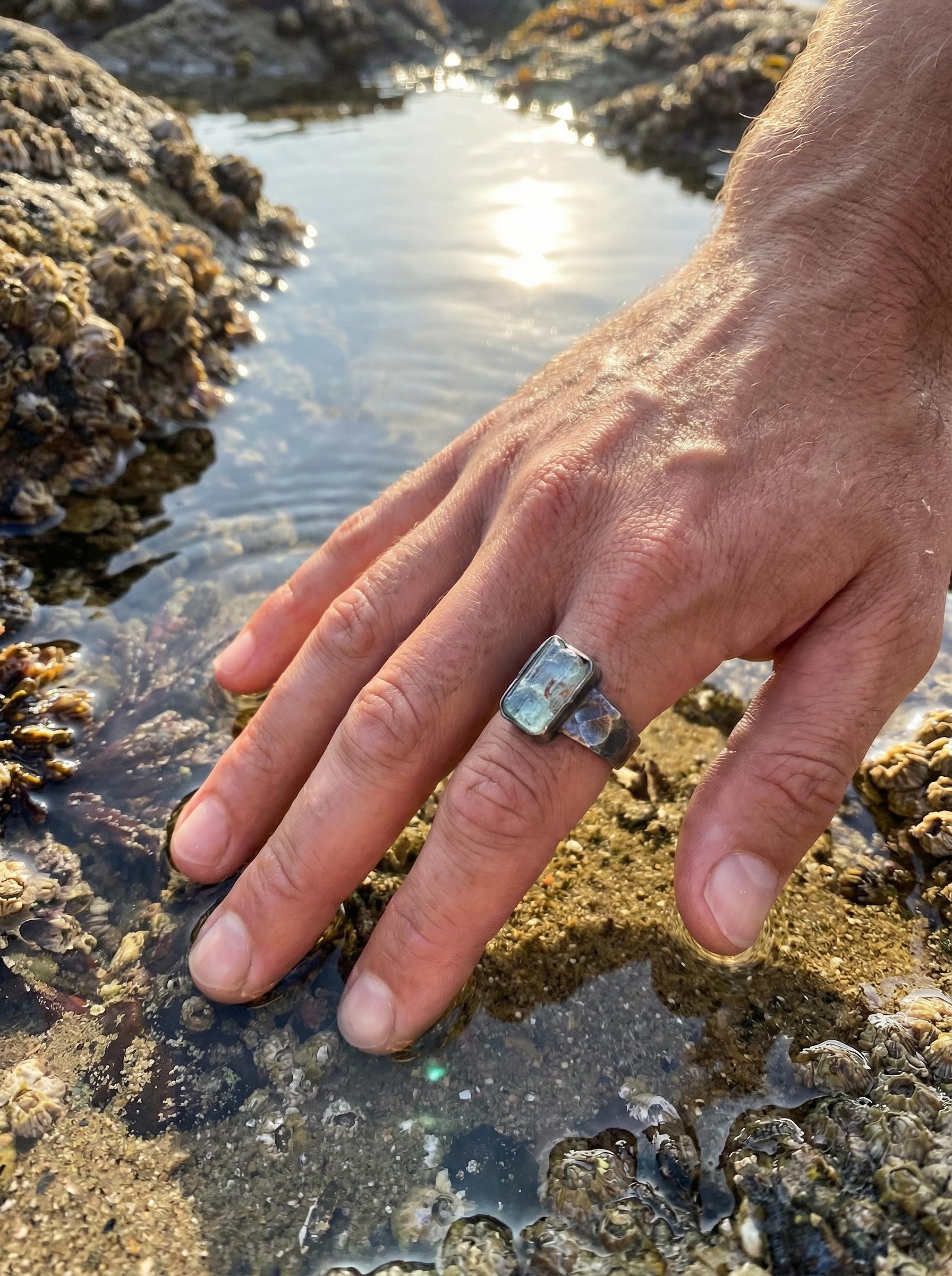 Australian Aquamarine Ring, Size 9, Hammered Oxidized 925 Silver