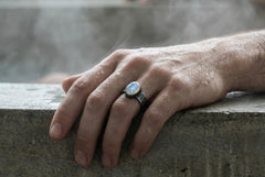 Blue Moonstone Ring 925 Sterling Silver Mens Size 9 Oval Cabochon Oxidized Hammered Band Crown Chakra Jewelry Gift