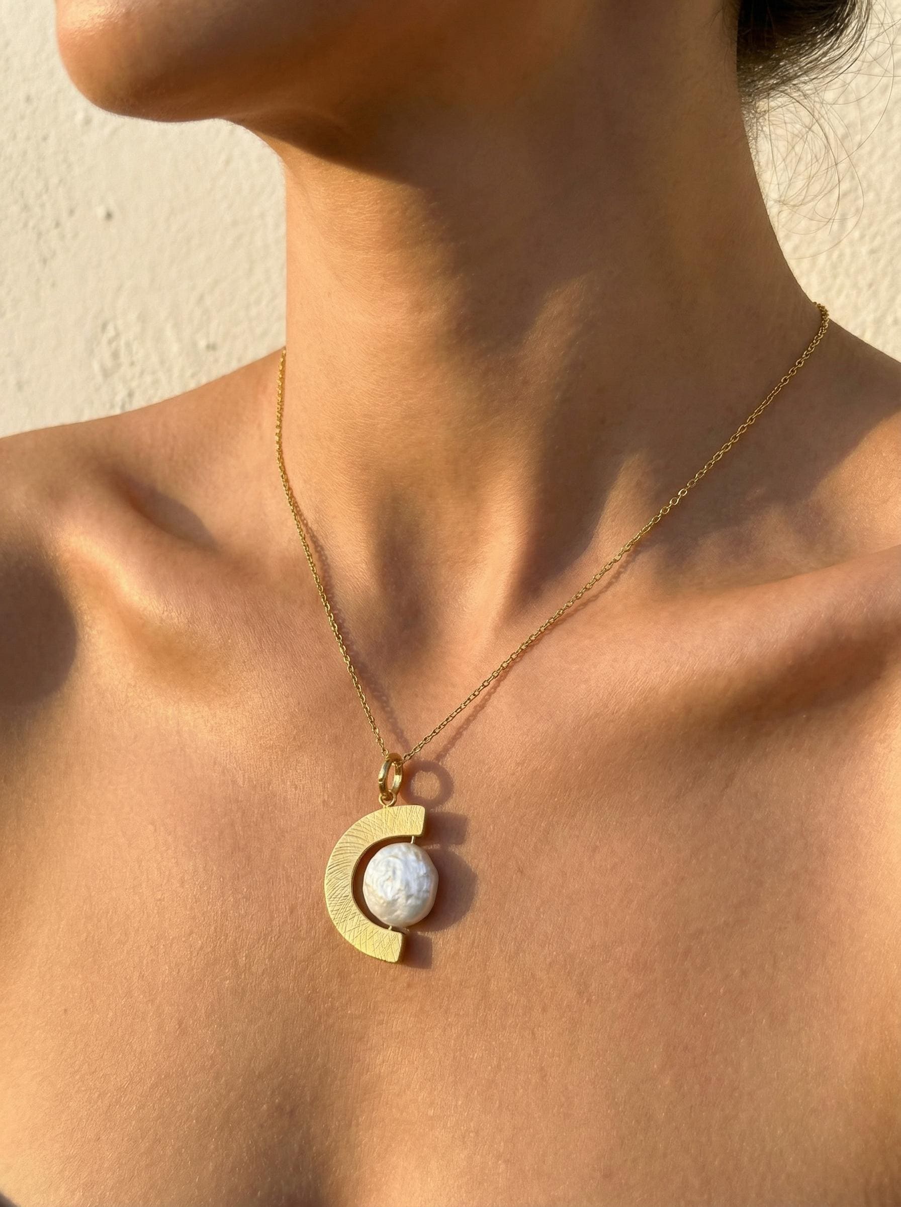 Gold Plated Sterling Silver Pearl Spinning Pendant Necklace