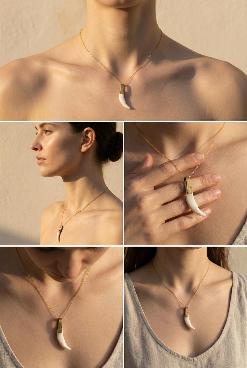 Antique Tooth Pendant Gold Plated Brass Tribal Necklace Pivot Bail Bone Talisman Rustic Boho Jewelry Gift