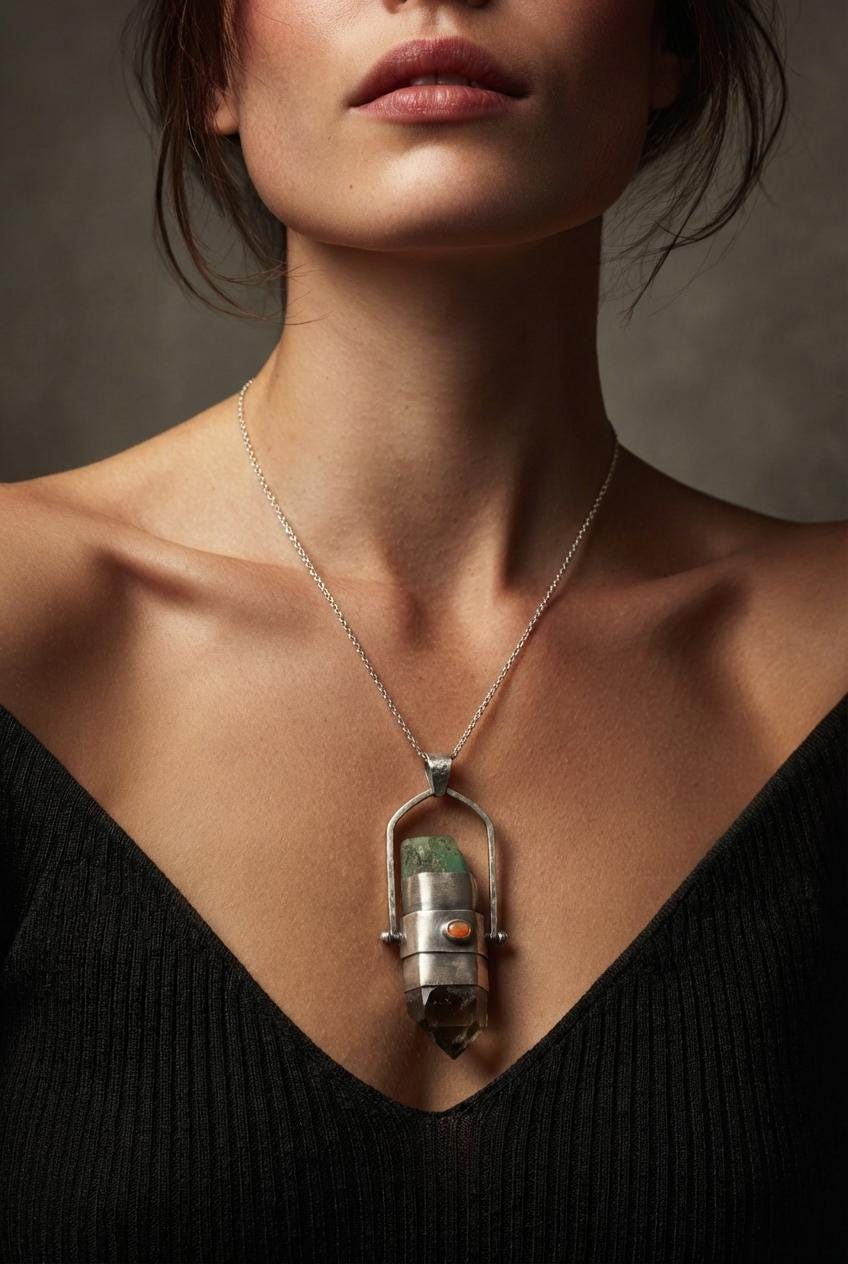 Australian Emerald and Phantom Chlorite Quartz spinner pendant shown worn on a model as a large oxidized silver statement talisman.