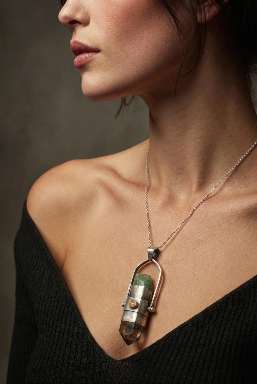 Australian Emerald Opal Tourmaline Pendant 925 Silver Phantom Chlorite Quartz Spinning Heirloom Necklace