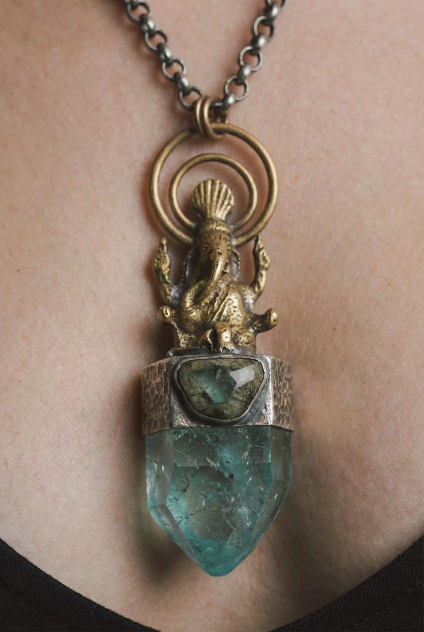 Ganesha Brass Cast Pendant, Aqua Aura Window Quartz Point Gem Grade Blue Tourmaline Slice, 925 Silver Bezel, Oxidized & Hammered Textured