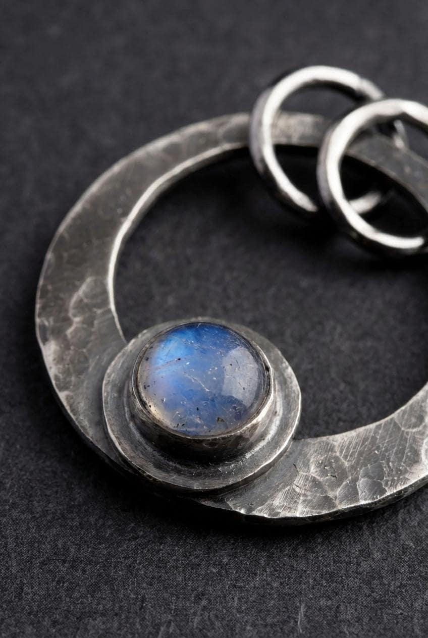 Hammered Oxidized Sterling Silver Moonstone Crescent Pendant: Cancer Zodiac