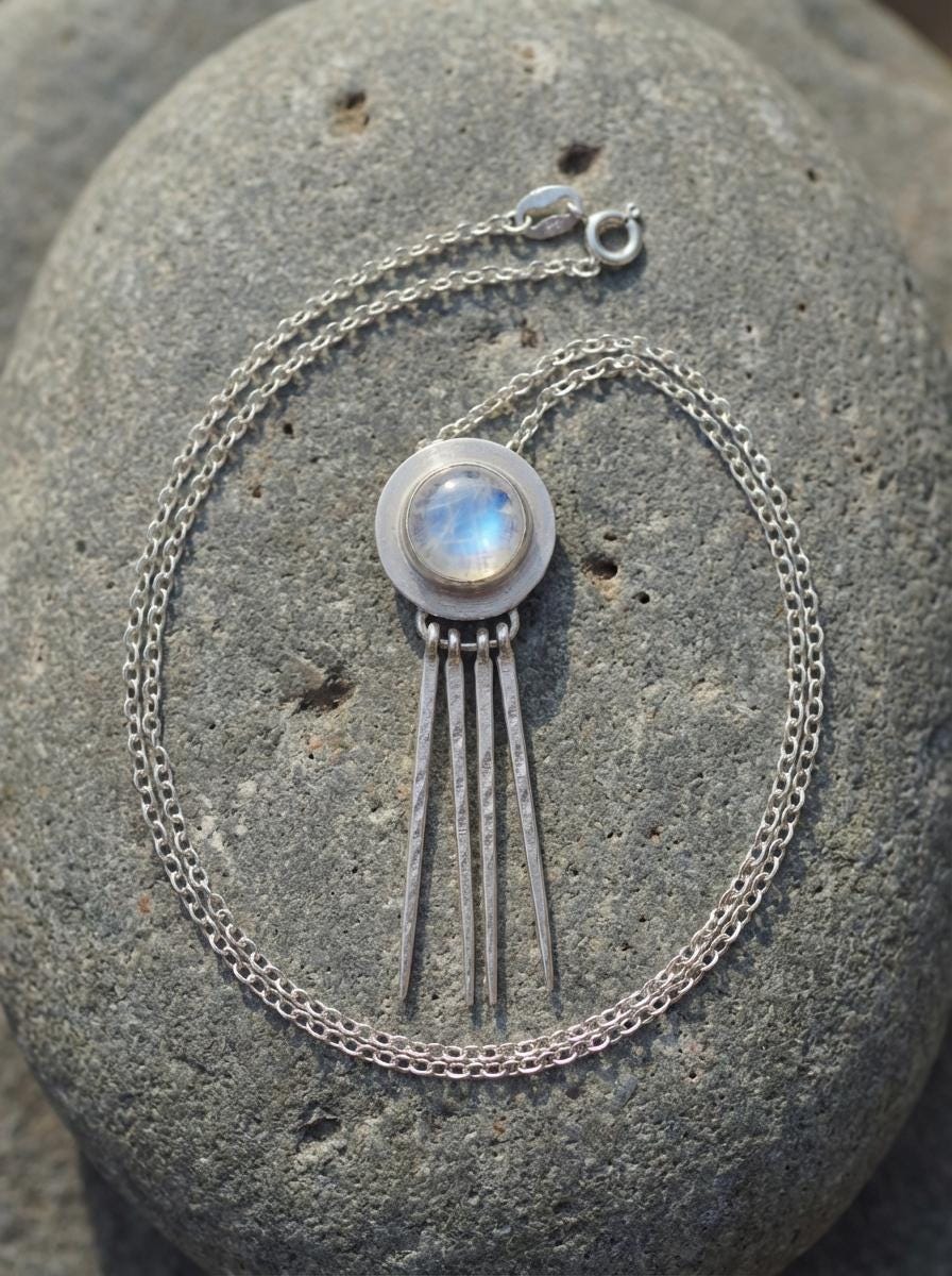 Hammered Sterling Silver Blue Moonstone Pendant: Artisan Crafted