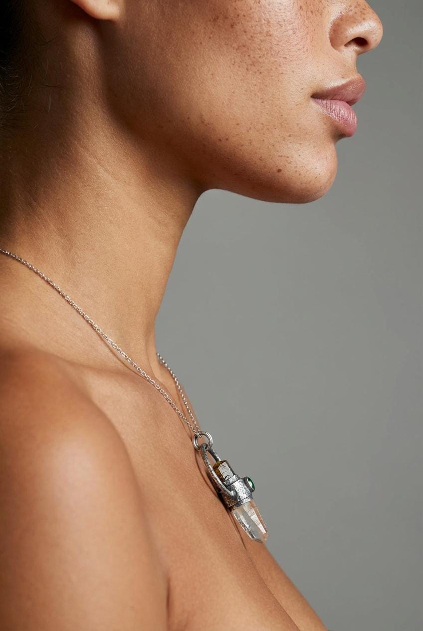 Oxidized Sterling Silver Tourmaline Emerald Quartz Pendant: Chakra Healing Necklace