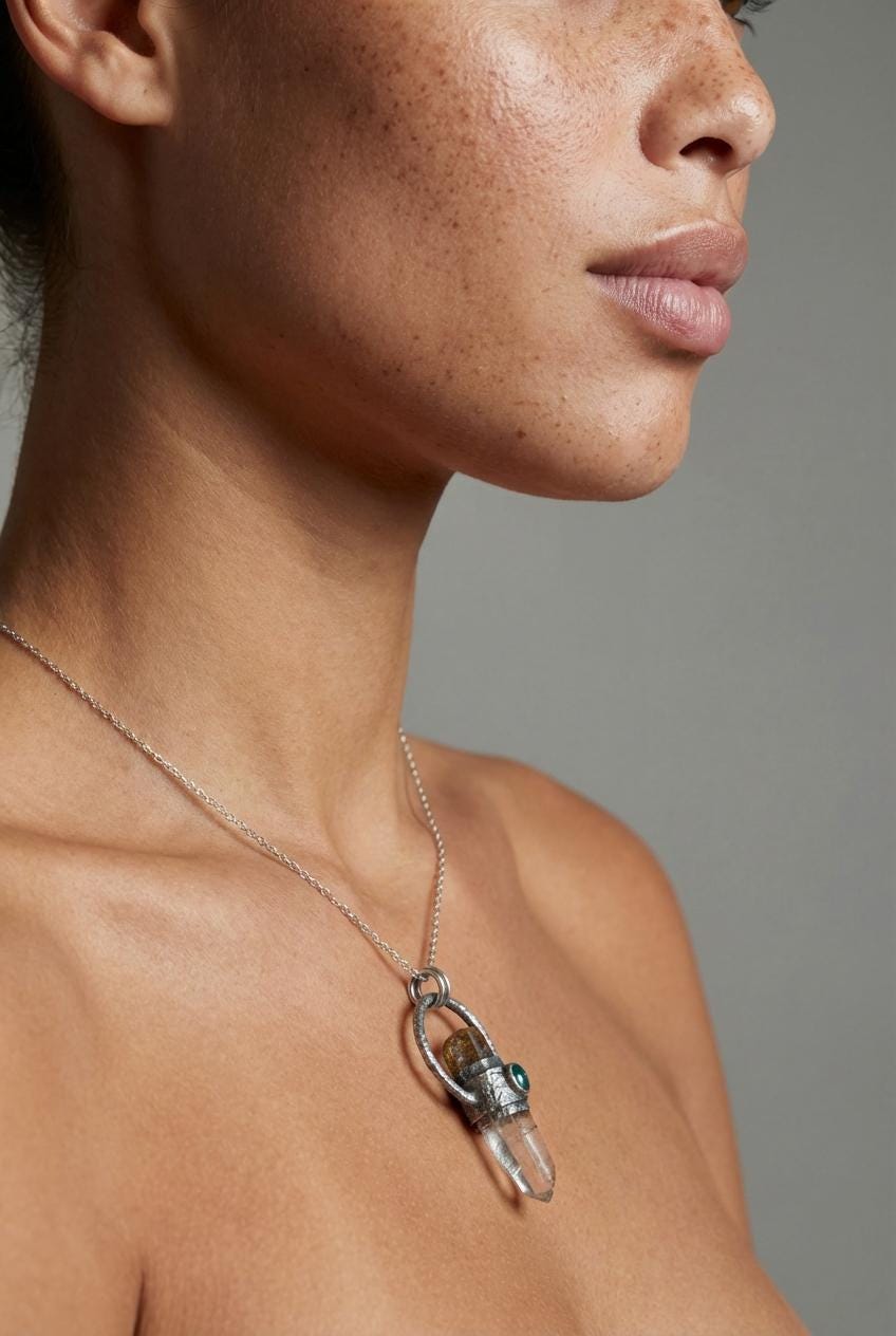 Oxidized Sterling Silver Tourmaline Emerald Quartz Pendant: Chakra Healing Necklace