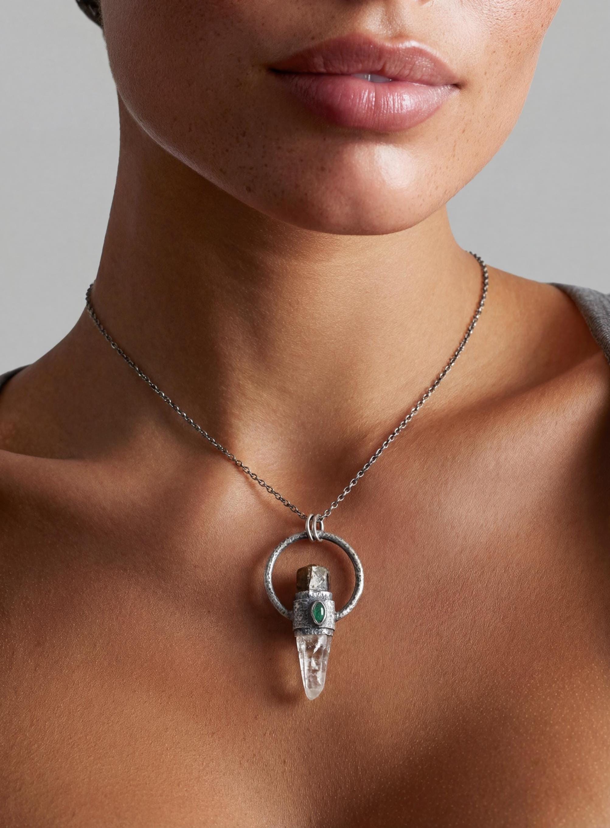Oxidized Sterling Silver Tourmaline Emerald Quartz Pendant: Chakra Healing Necklace