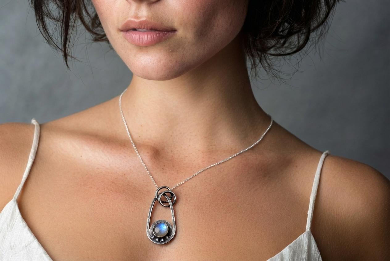 Oxidized Sterling Silver Moonstone Pendant: Boho Sun/Moon Jewelry