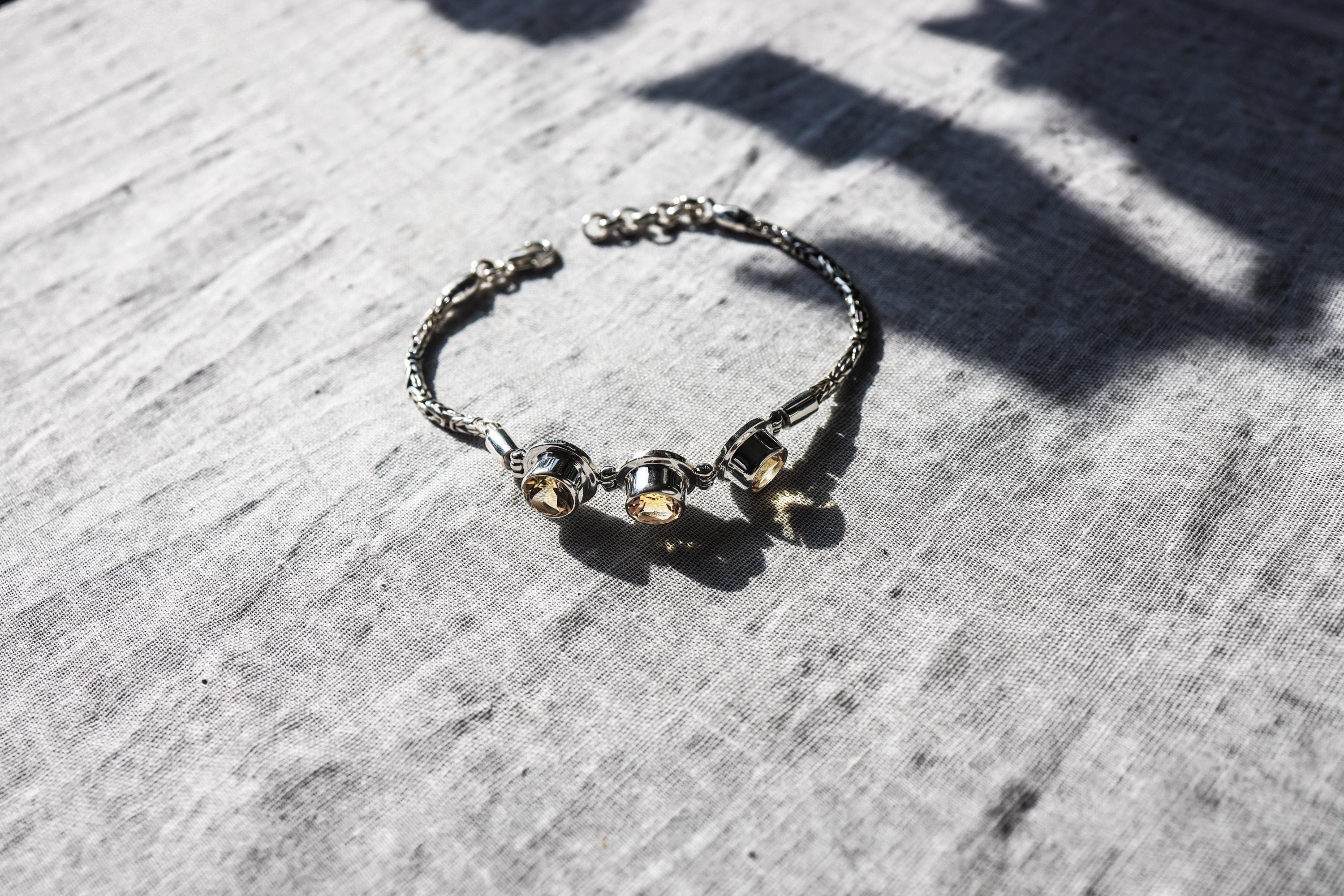 Faceted Citrine Sterling Silver Bracelet, Byzantine Chain, Adjustable