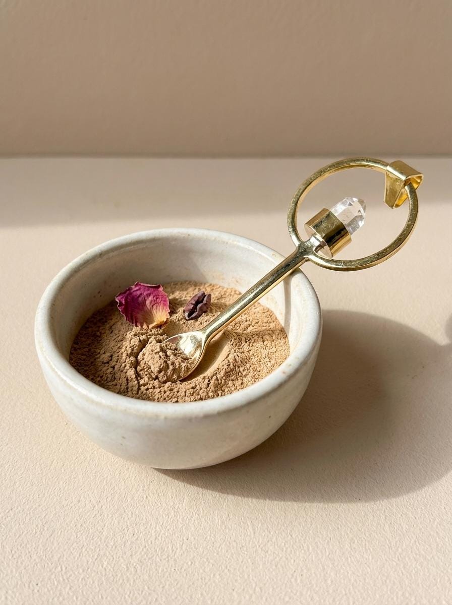 Lemurian Quartz gold-plated brass fairy spoon pendant shown beside a small bowl with warm ritual styling.