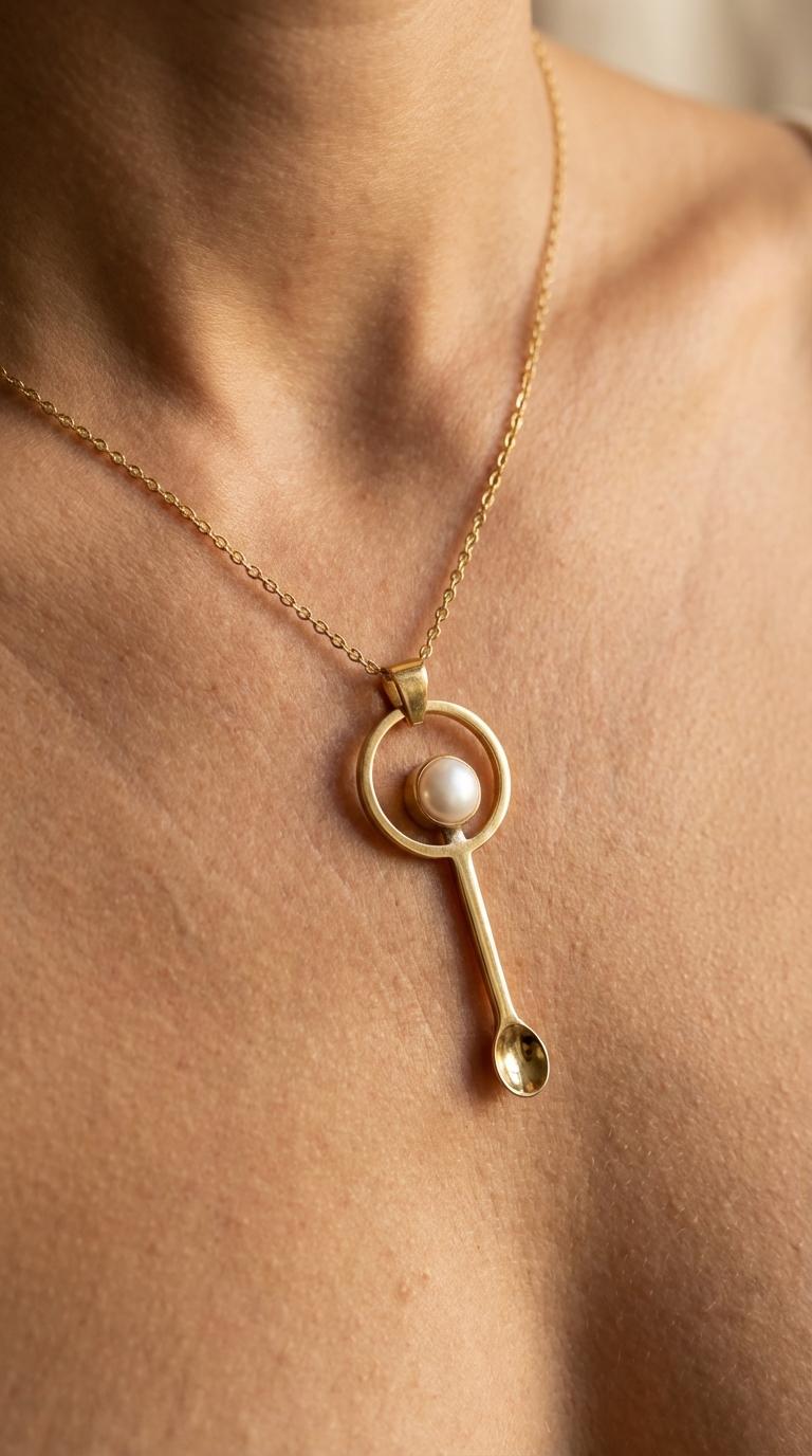 South Sea Pearl gold-plated fairy spoon pendant shown worn on a model as a ritual-inspired necklace.