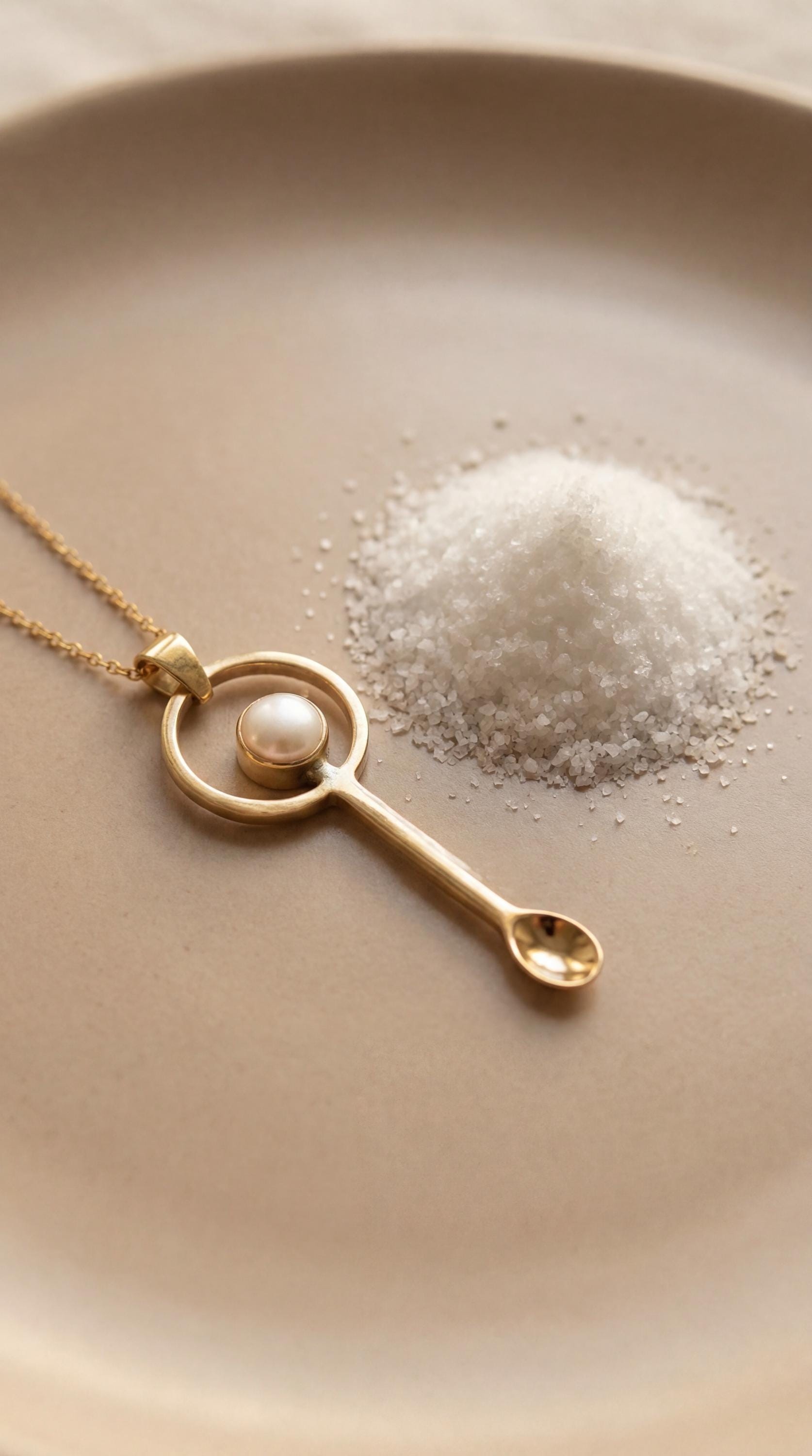 South Sea Pearl fairy spoon pendant shown beside salt in a ceramic bowl with gold-plated brass and soft Pearl detail.