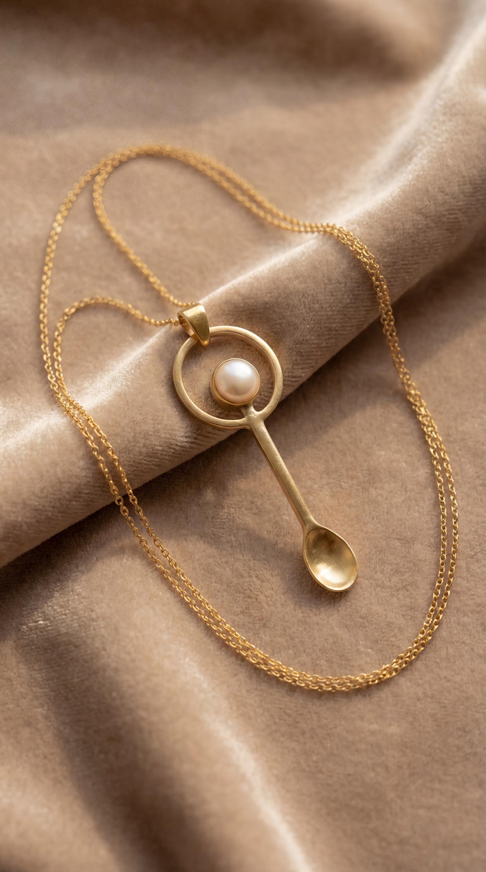 South Sea Pearl Spoon Pendant Gold Plated Brass Cast Fairy Spoon Necklace Ritual Spice Spoon Crown Chakra Gift
