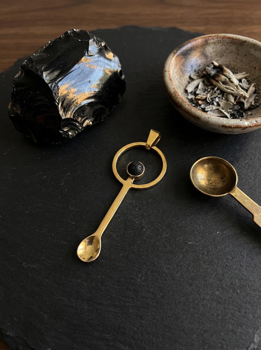 Volcanic Stone Spoon, Gold Plated Brass Ritual Spoon, Mount Agung Lava Rock Spice Spoon, Fairy Pixie Feeder Gift