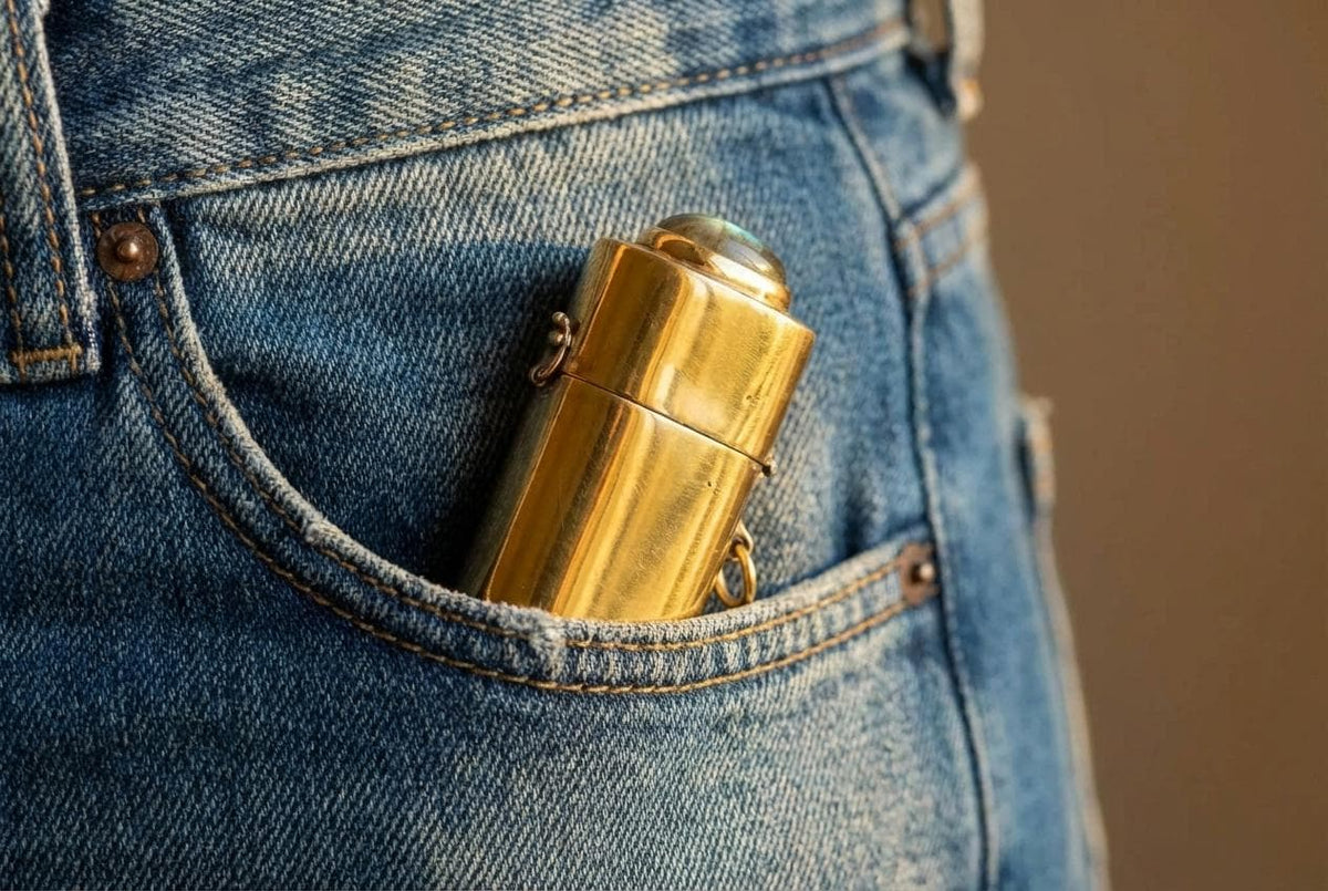 Labradorite brass lighter box pendant shown in a denim pocket, with polished golden brass body and wearable storage design.