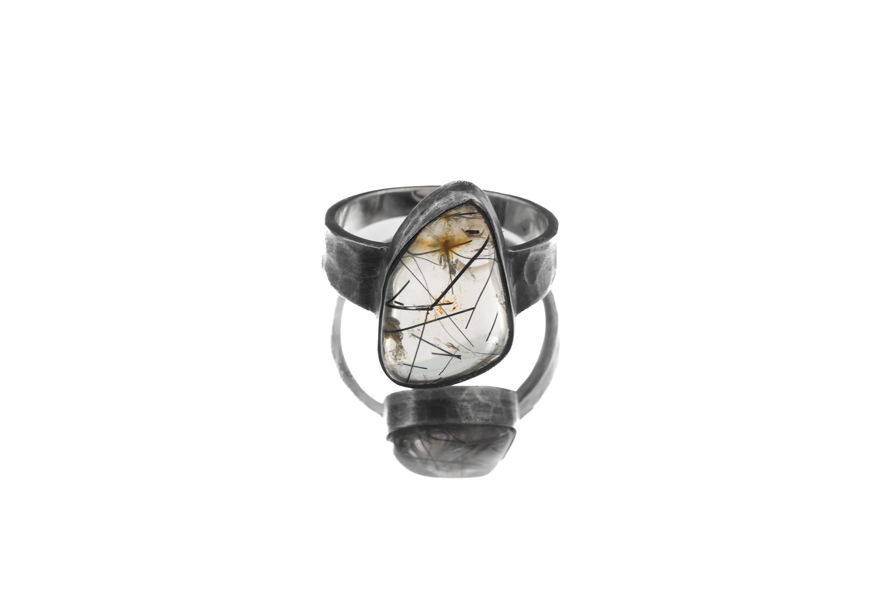 Men's Black Rutile Quartz Ring, Hammered Oxidized Sterling Silver, Size 12