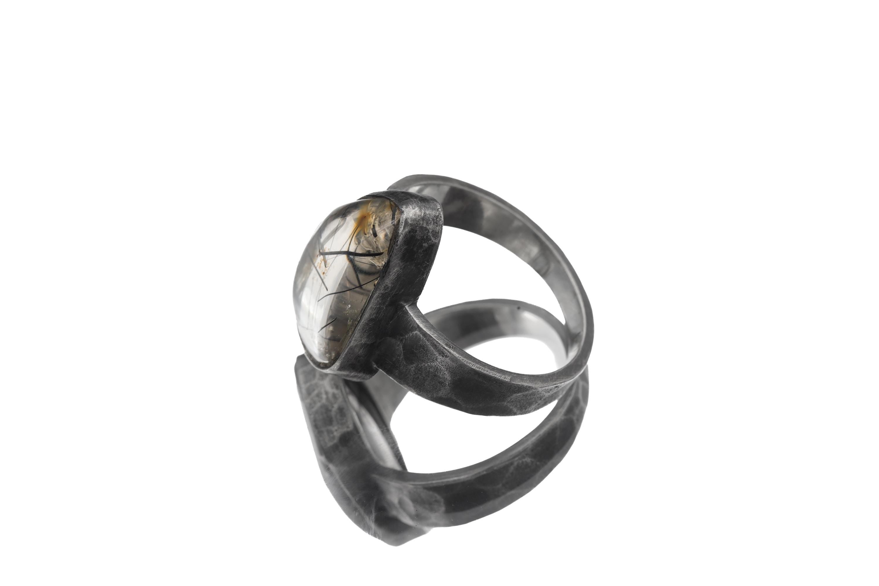 Rutilated Quartz Ring 925 Sterling Silver Mens Size 12 Black Rutile Inclusion Statement Jewelry Gift, Size 12