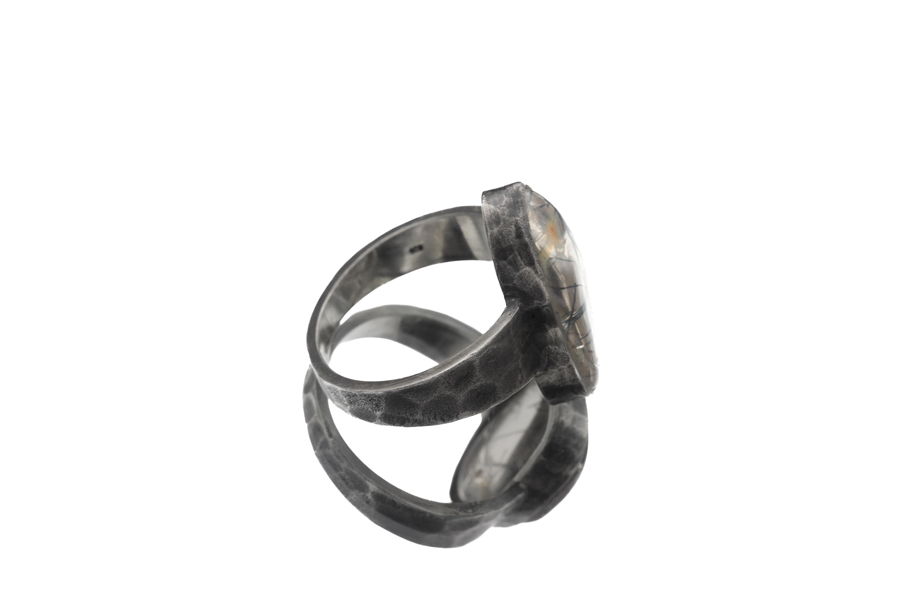 Men's Black Rutile Quartz Ring, Hammered Oxidized Sterling Silver, Size 12
