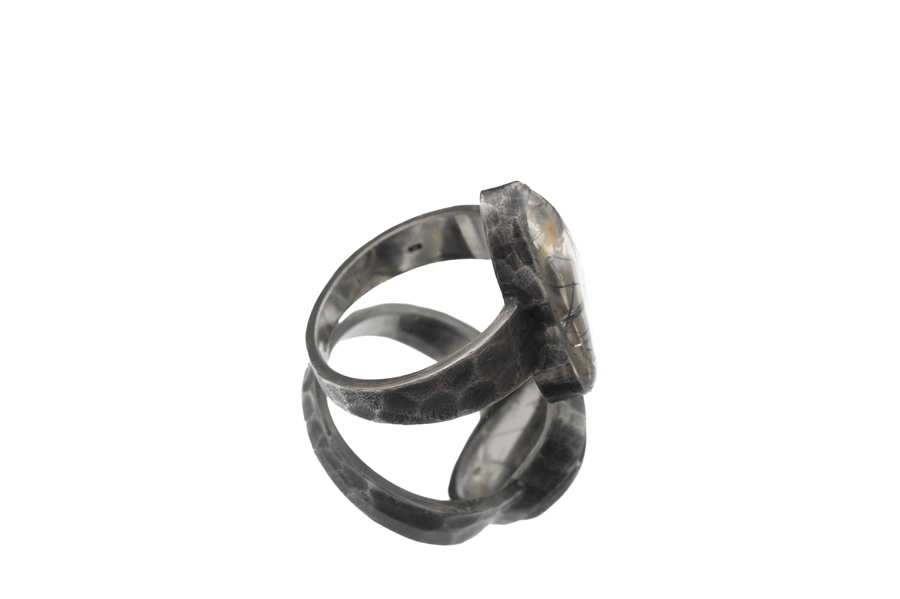 Rutilated Quartz Ring 925 Sterling Silver Mens Size 12 Black Rutile Inclusion Statement Jewelry Gift, Size 12