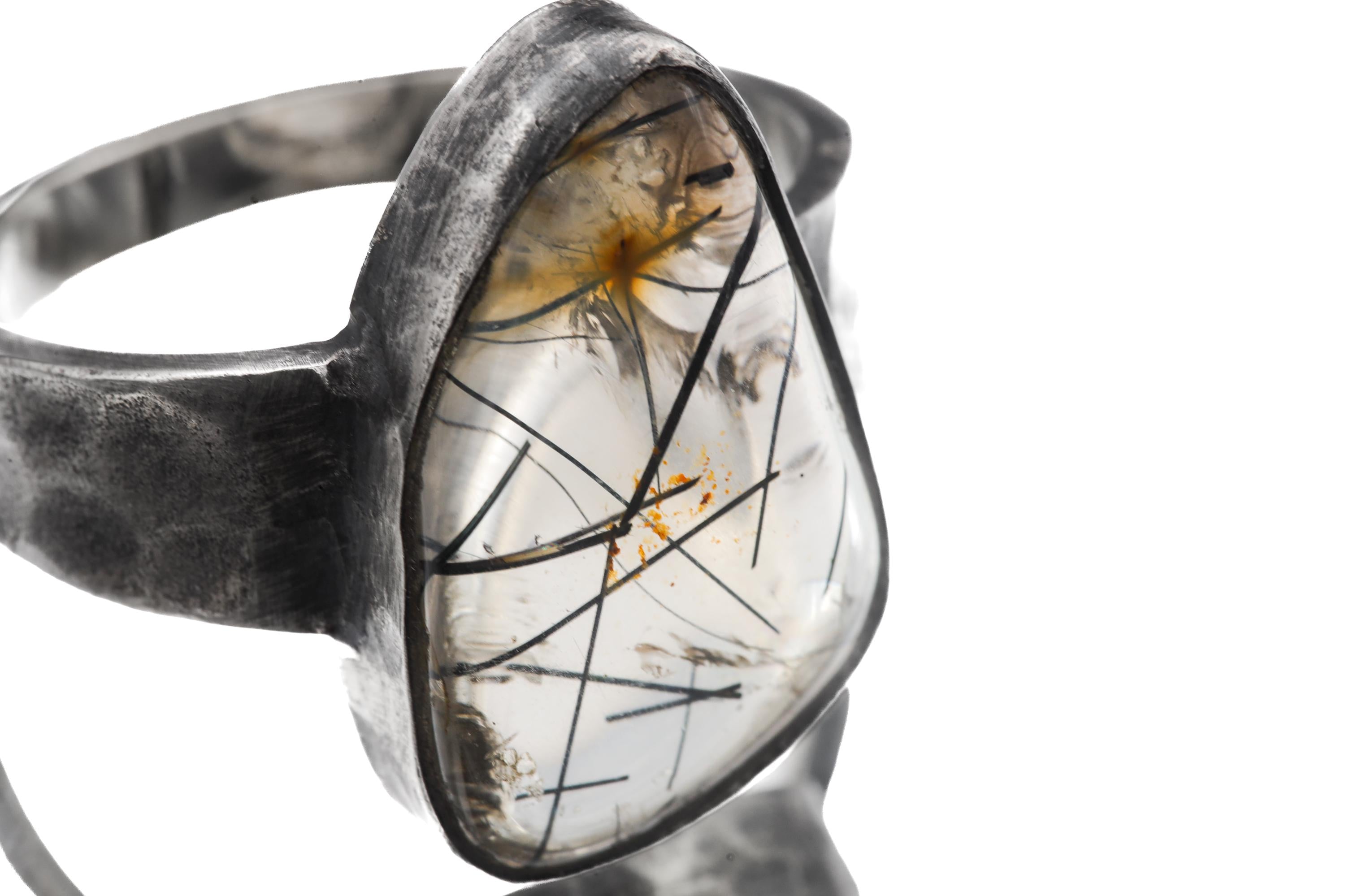 Men's Black Rutile Quartz Ring, Hammered Oxidized Sterling Silver, Size 12