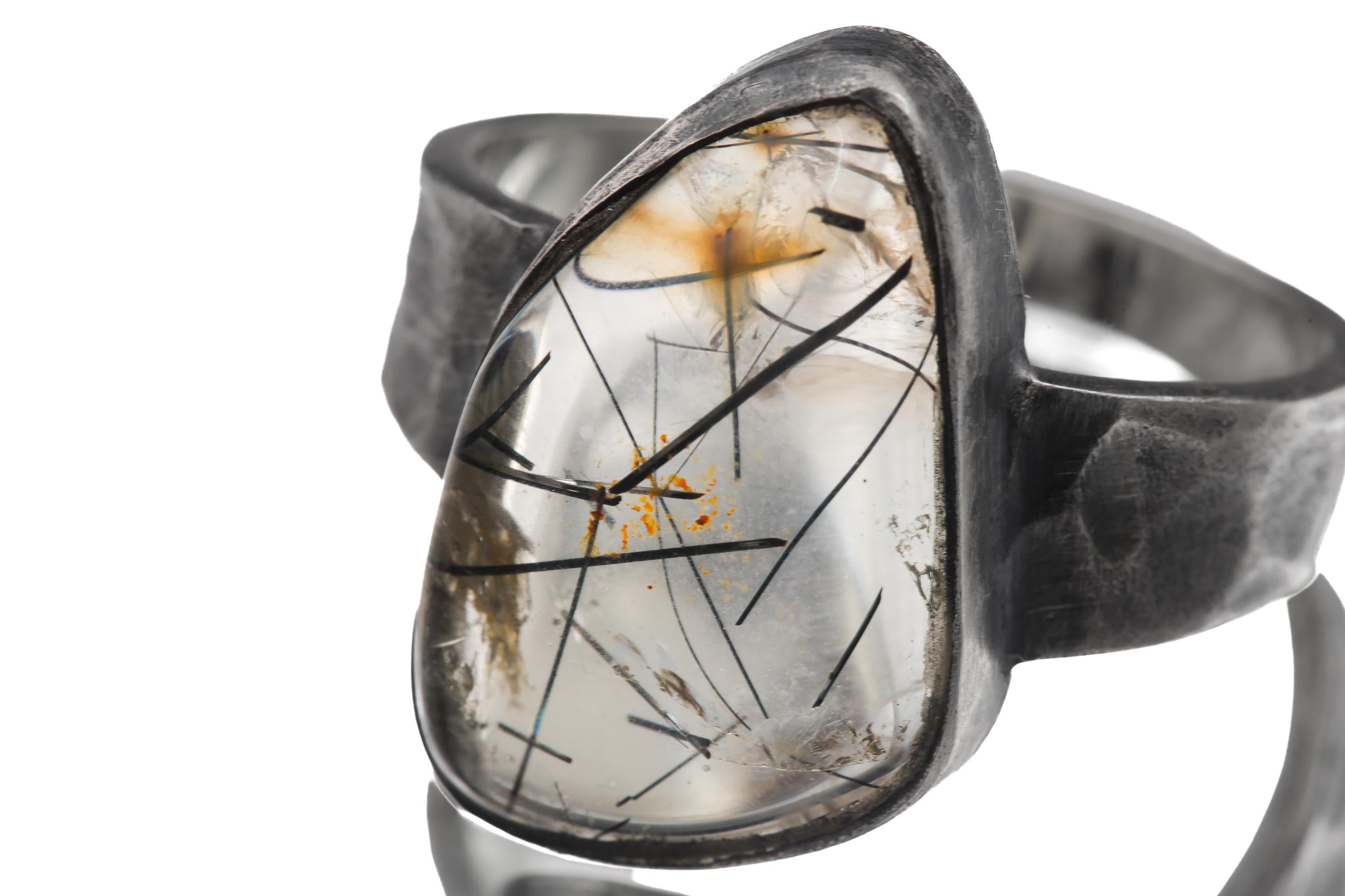 Men's Black Rutile Quartz Ring, Hammered Oxidized Sterling Silver, Size 12