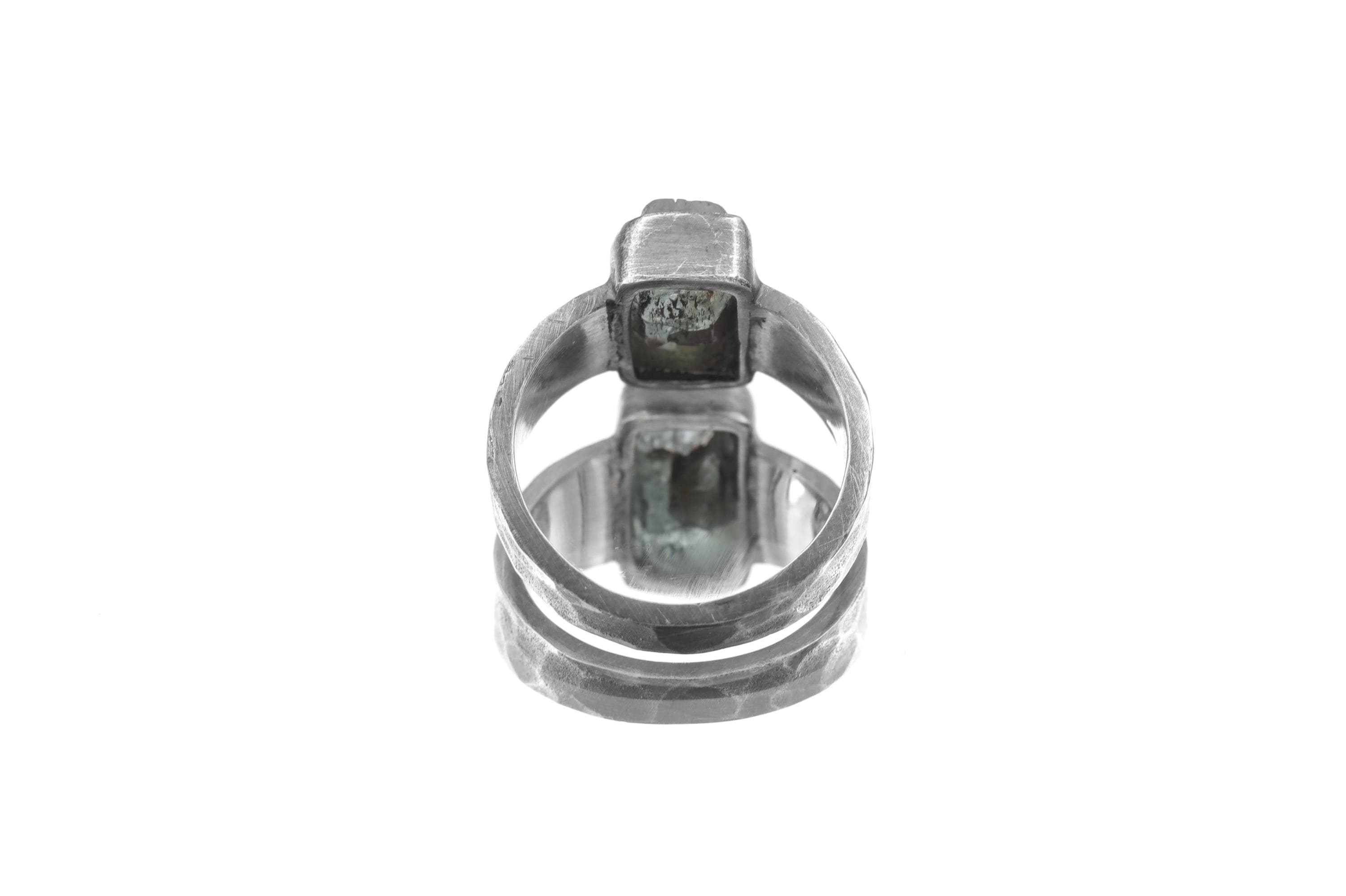 Australian Aquamarine Specimen Ring 925 Sterling Silver Oxidized Hammered Mens Ring Throat Heart Chakra Pisces Gift