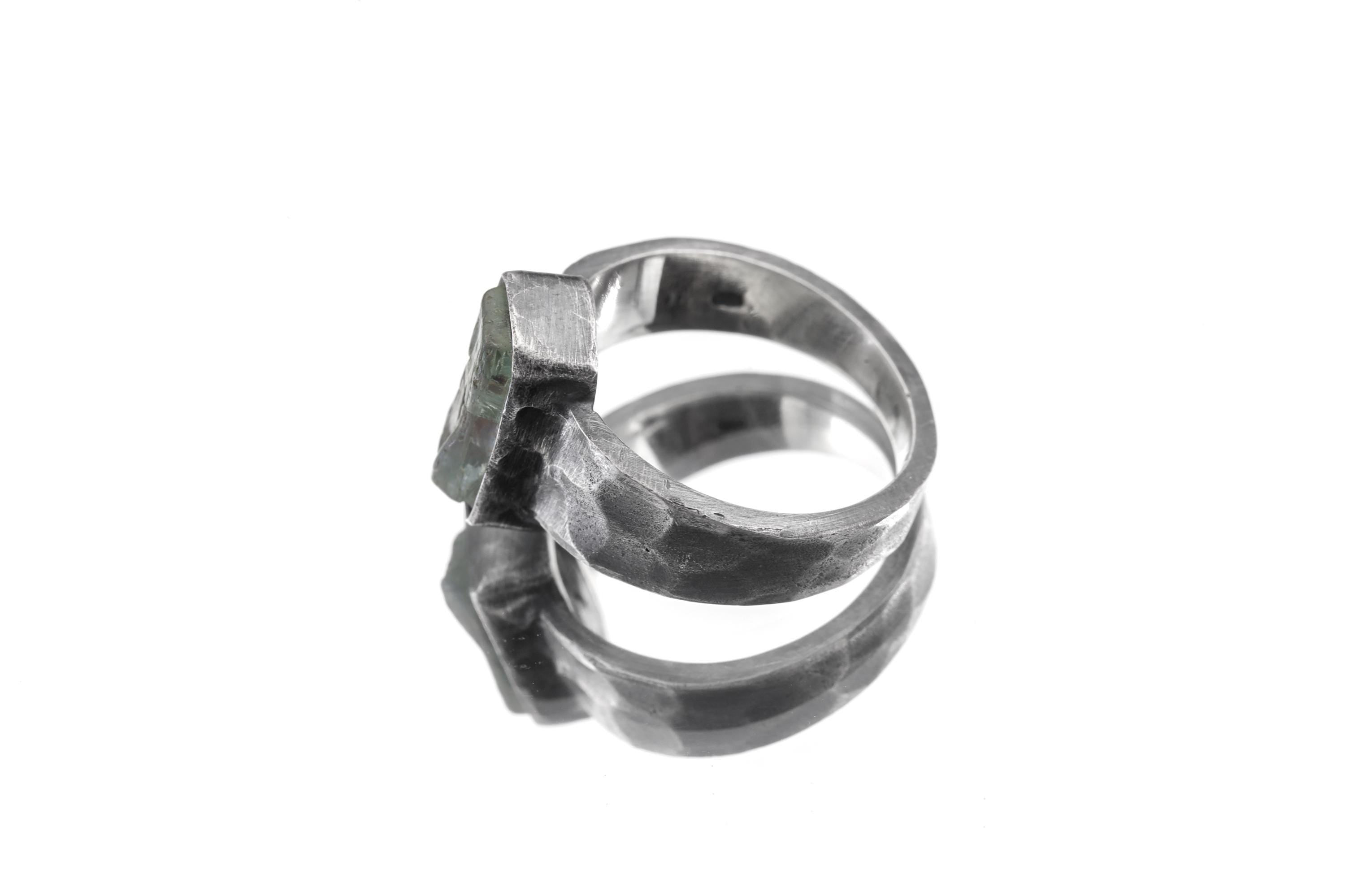Australian Aquamarine Ring: Hammered Oxidized 925 Silver, Size 8