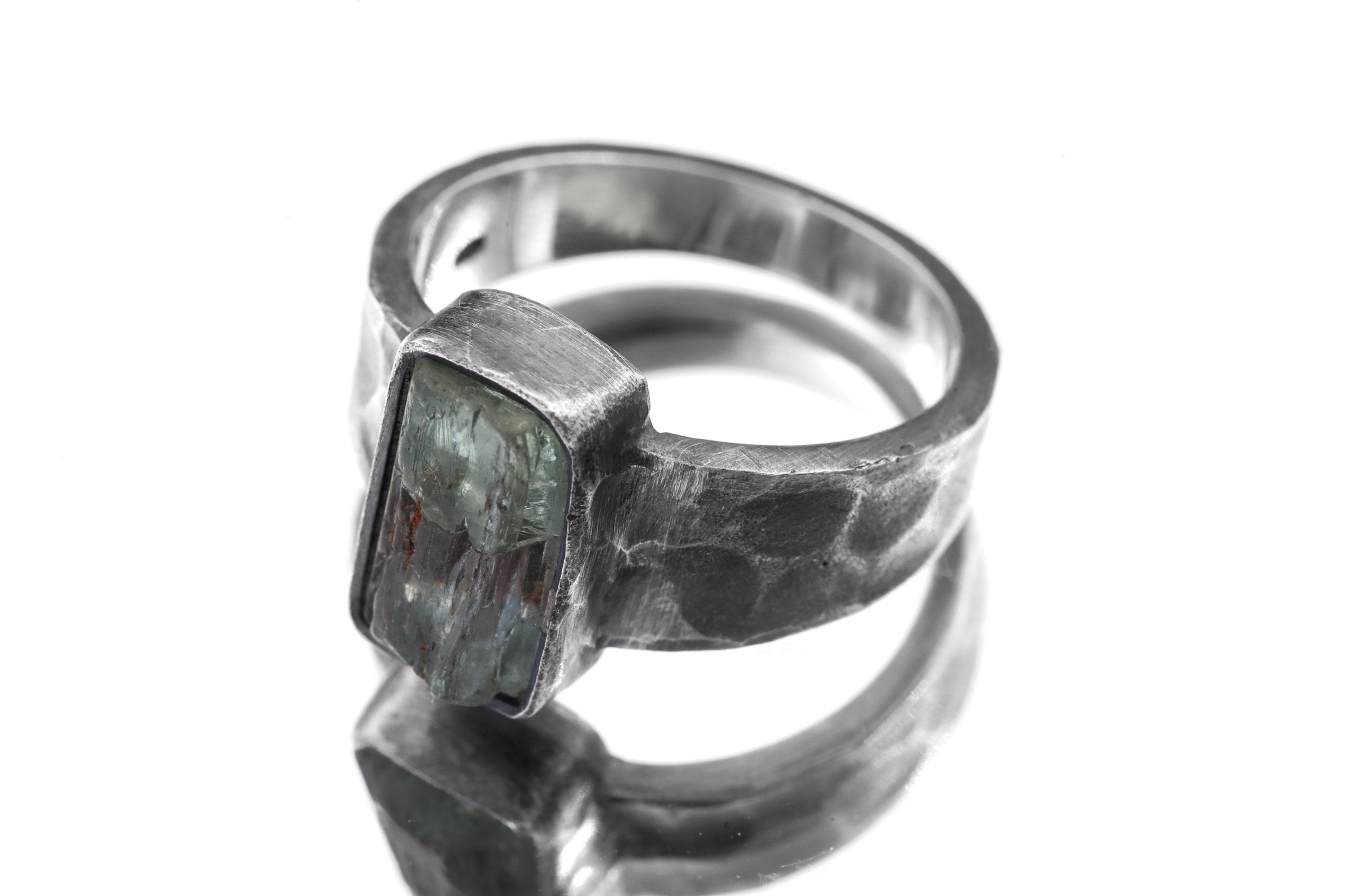 Australian Aquamarine Ring: Hammered Oxidized 925 Silver, Size 8