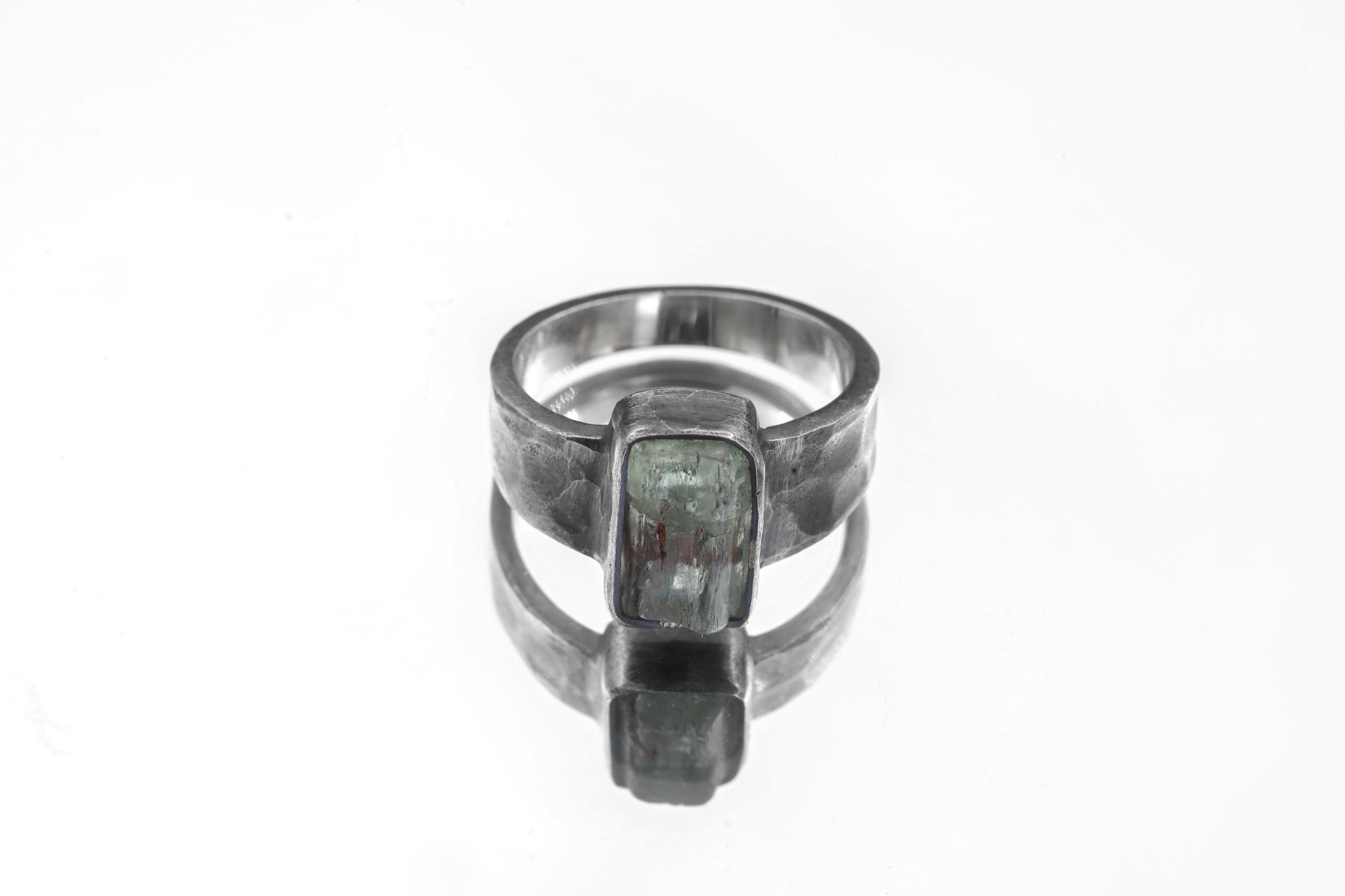 Australian Aquamarine Ring: Hammered Oxidized 925 Silver, Size 8