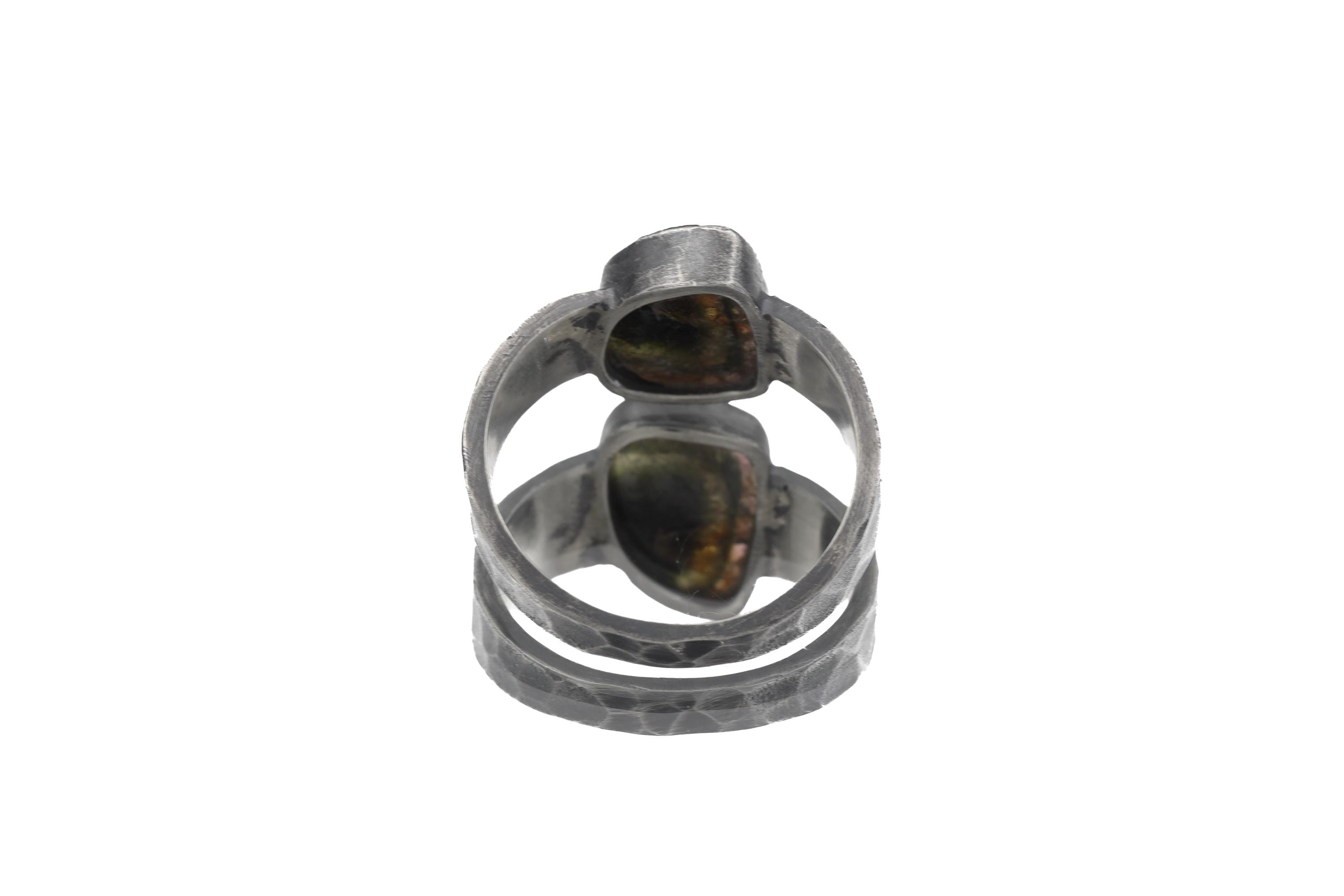 Natural polished Watermelon tourmaline slice of wand with rind Ring Hammered Oxidised Silver High Grade Stone Crystal Energy Christmas Gift