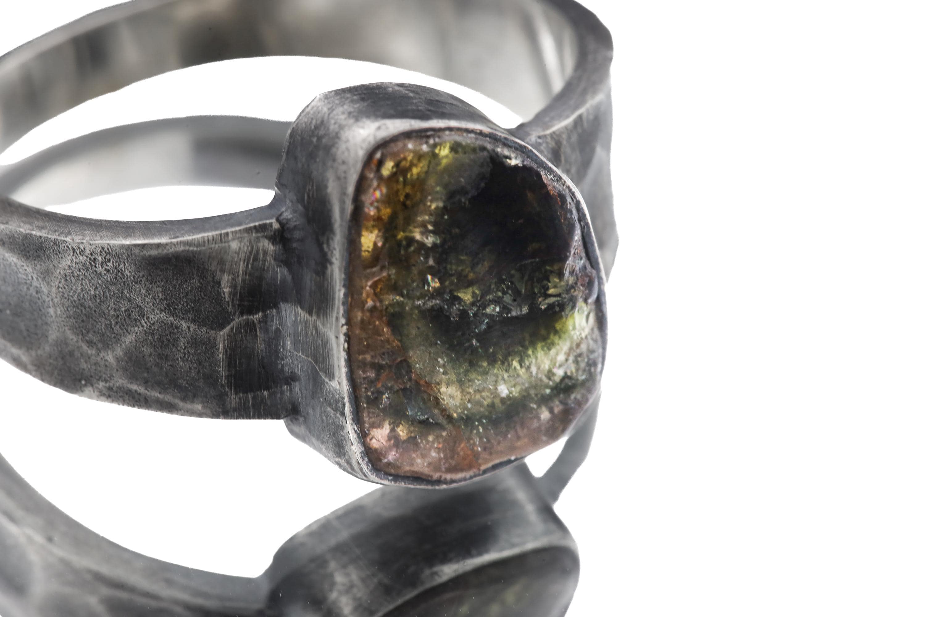 Oxidized Hammered Silver Ring: Natural Watermelon Tourmaline Slice
