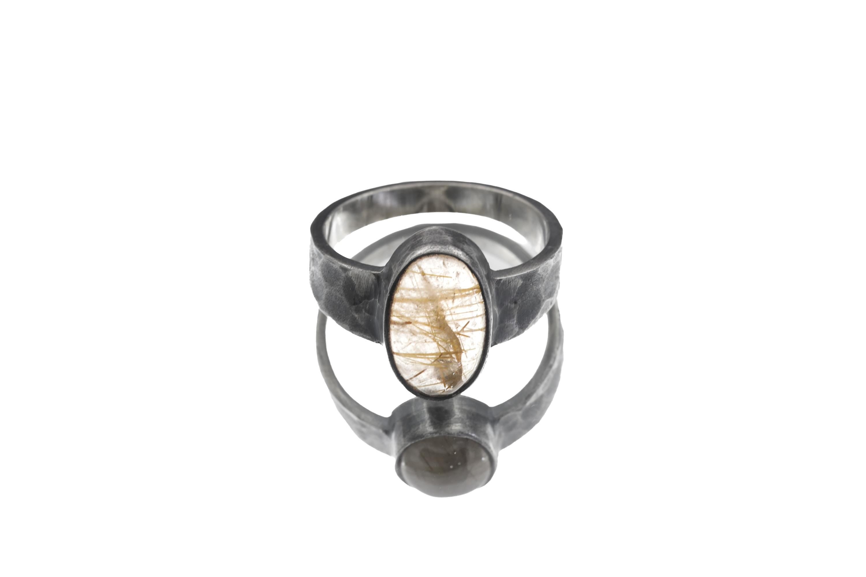 Gold Rutilated Quartz Ring 925 Sterling Silver Oxidized Hammered Mens Size 12 Solar Plexus Crown Gift