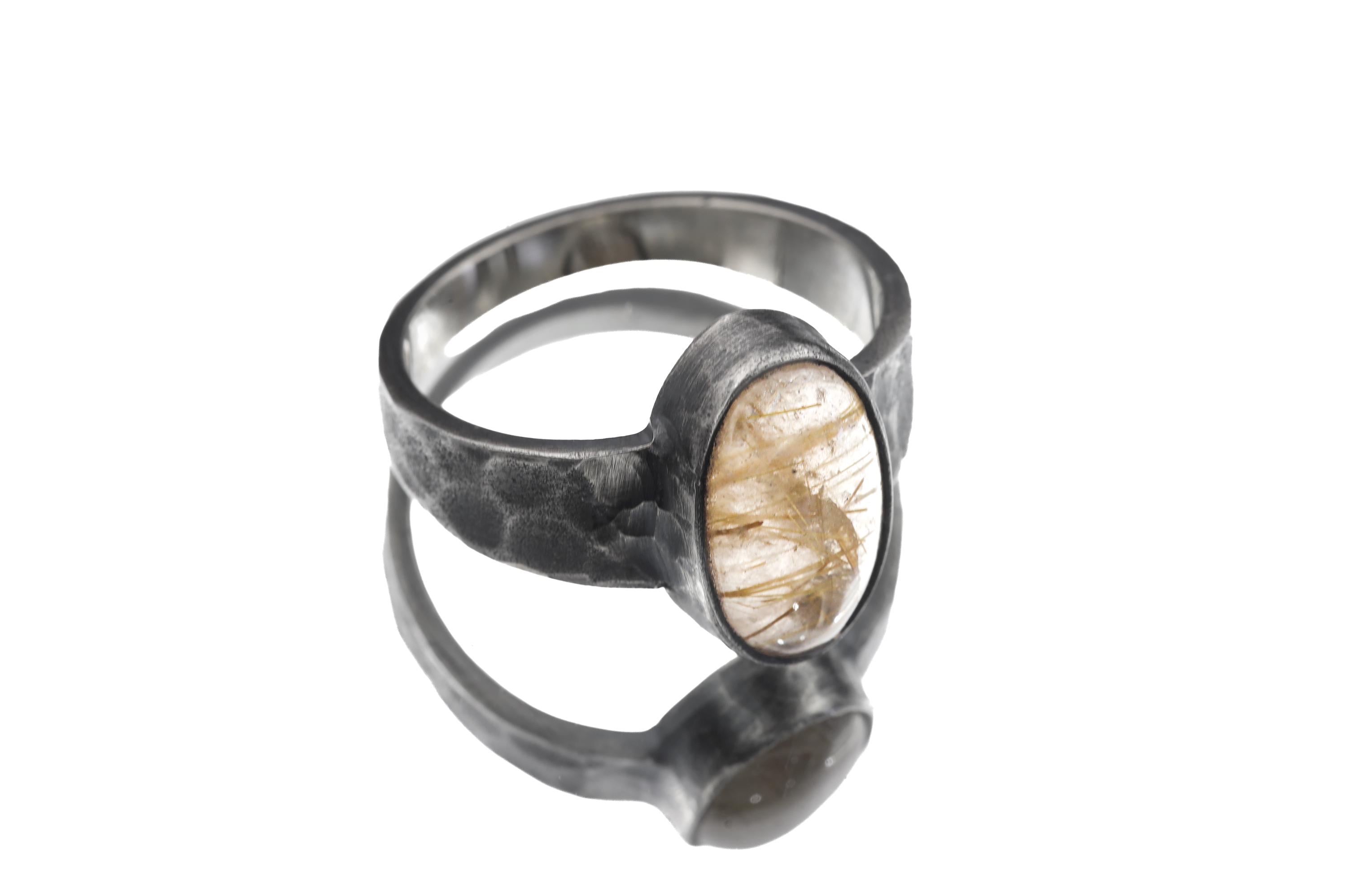 Gold Rutilated Quartz Ring, Oxidized 925 Silver, Hammered Band