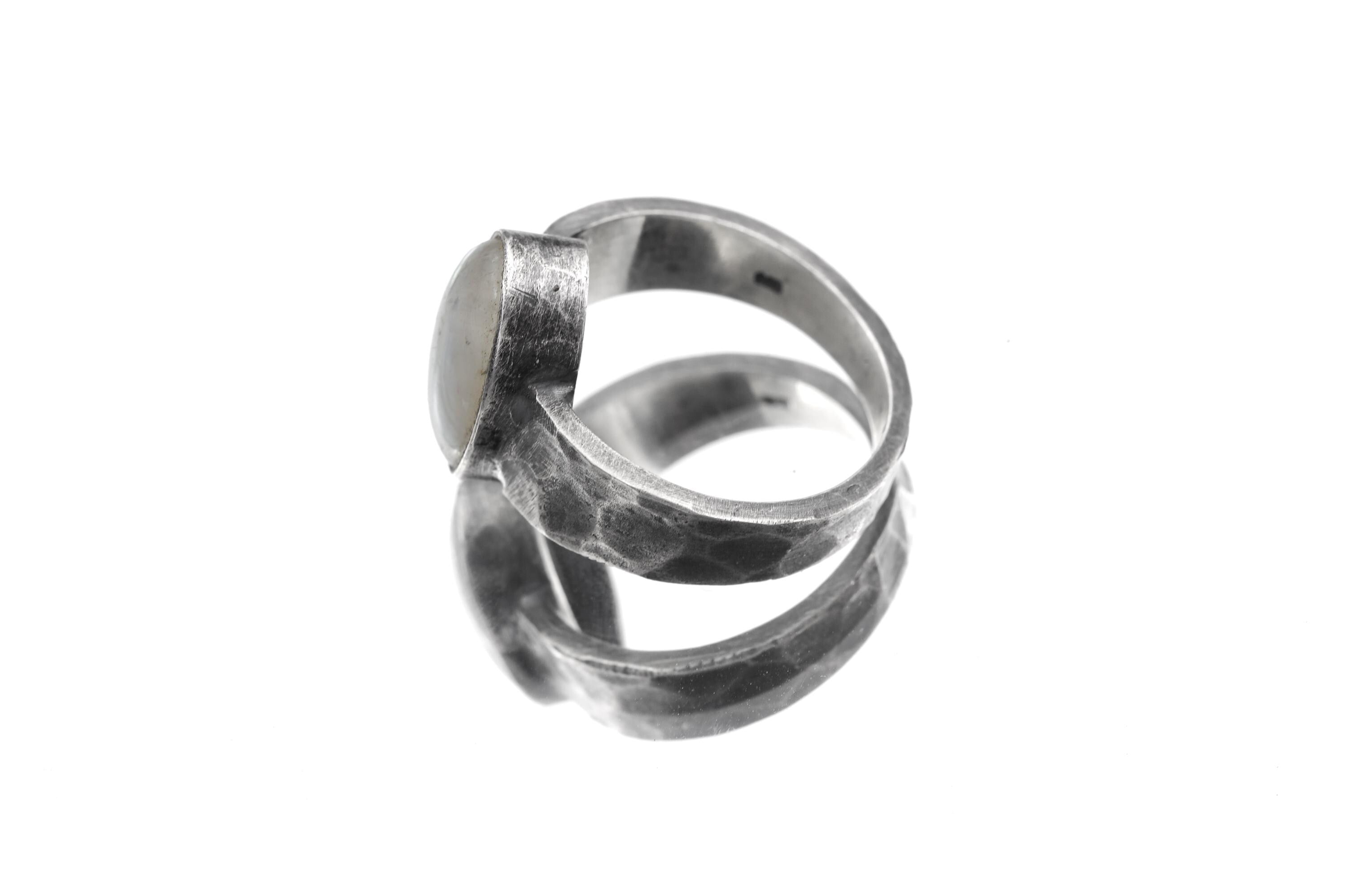 Blue Moonstone Ring, Hammered Oxidized 925 Sterling Silver, Size 8