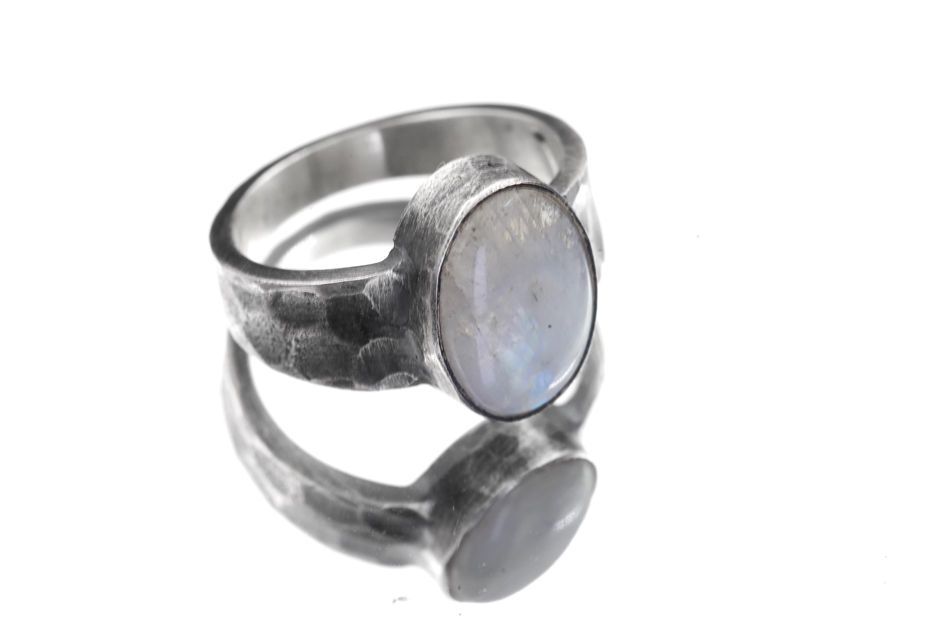 Blue Moonstone Ring, Hammered Oxidized 925 Sterling Silver, Size 8