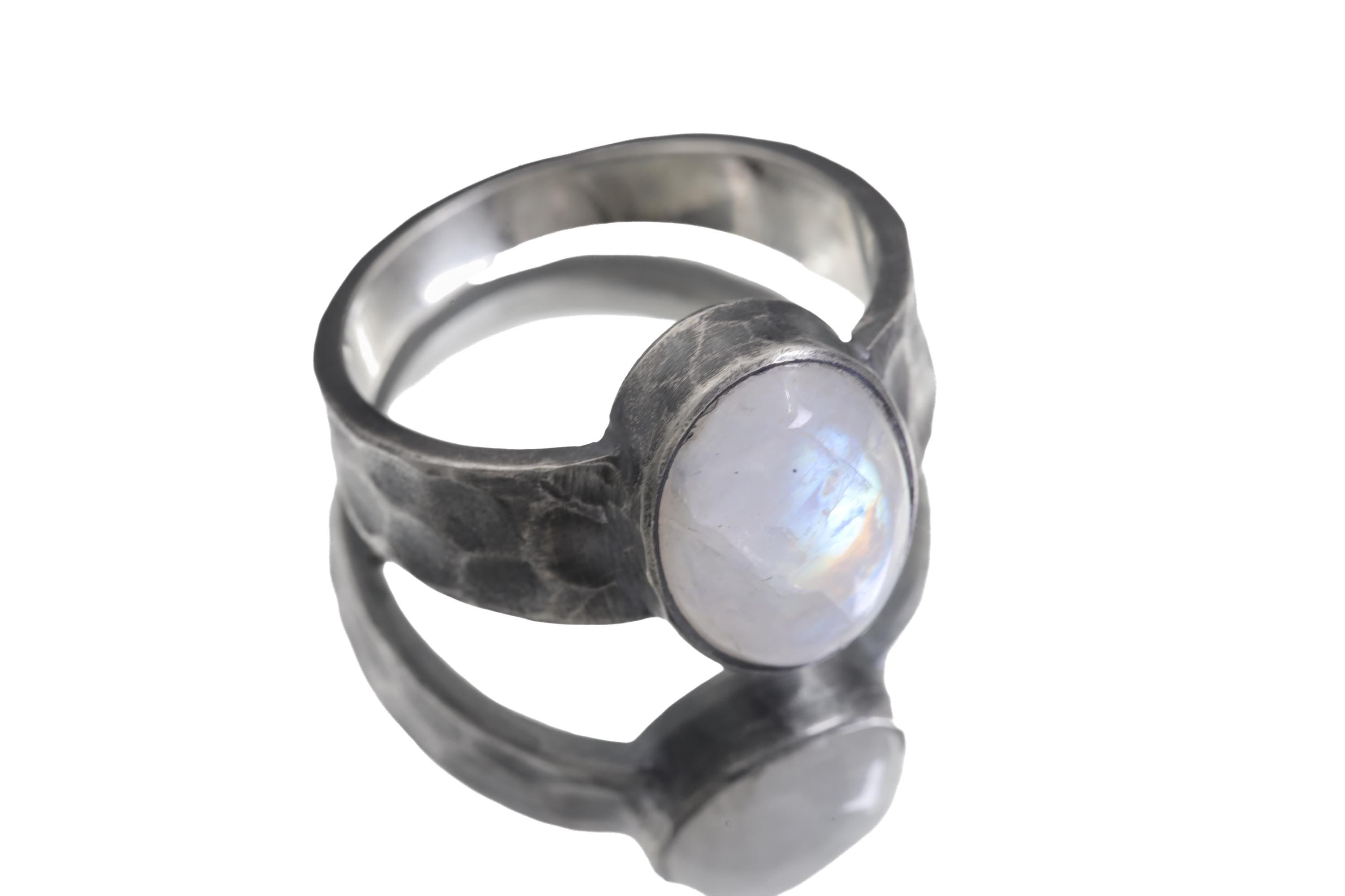 AAA Grade Blue Moonstone Feldspars Oval Cabochon, Ring Men’s Size 11, 925 Silver Hammered Oxidised, Chakra Energy Jewelry,