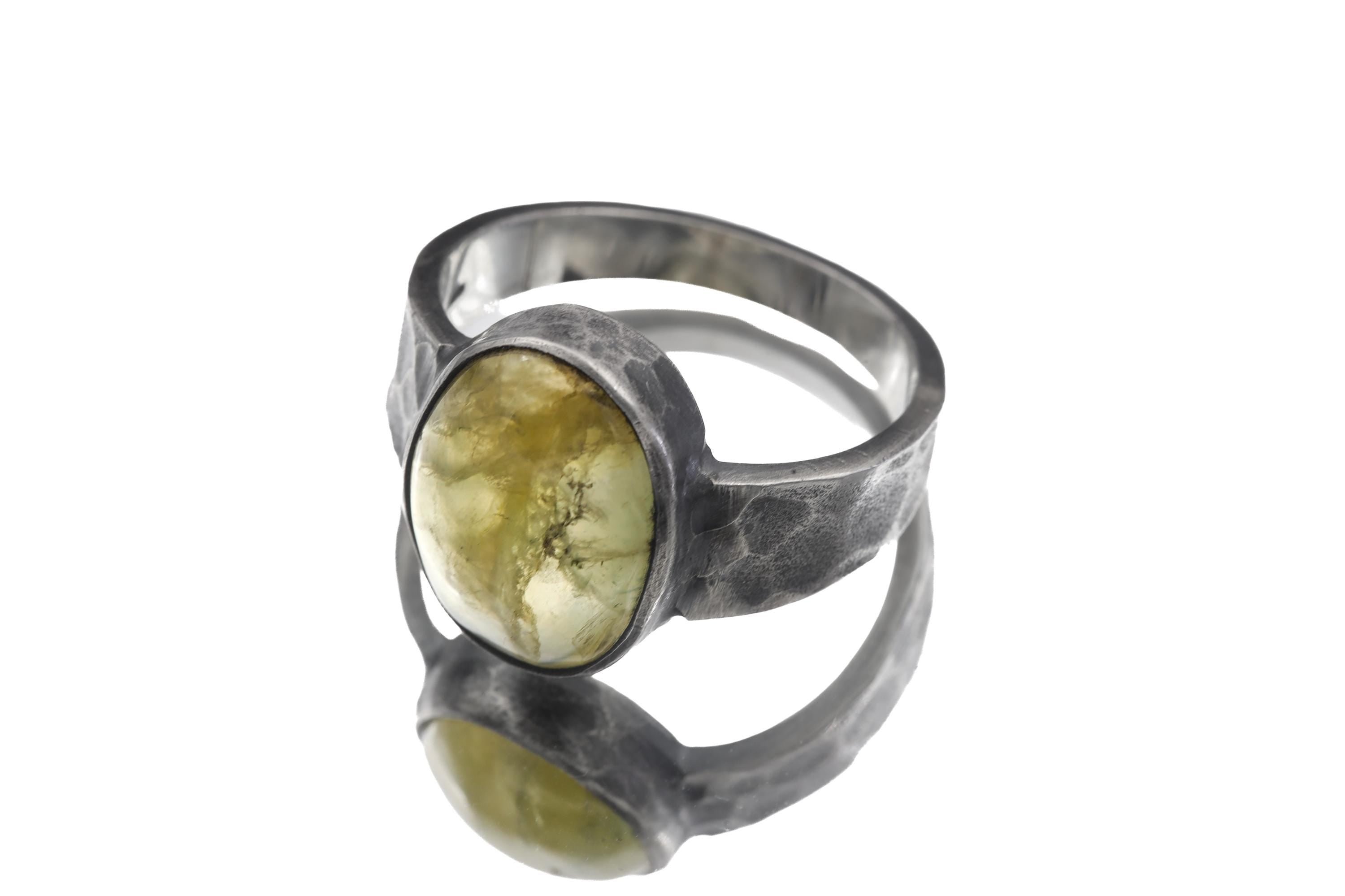 Australian Prehnite Ring 925 Silver Oval Cabochon Hammered Oxidised Band Mens Crystal Ring Heart Chakra Zodiac Healing Stone Jewelry