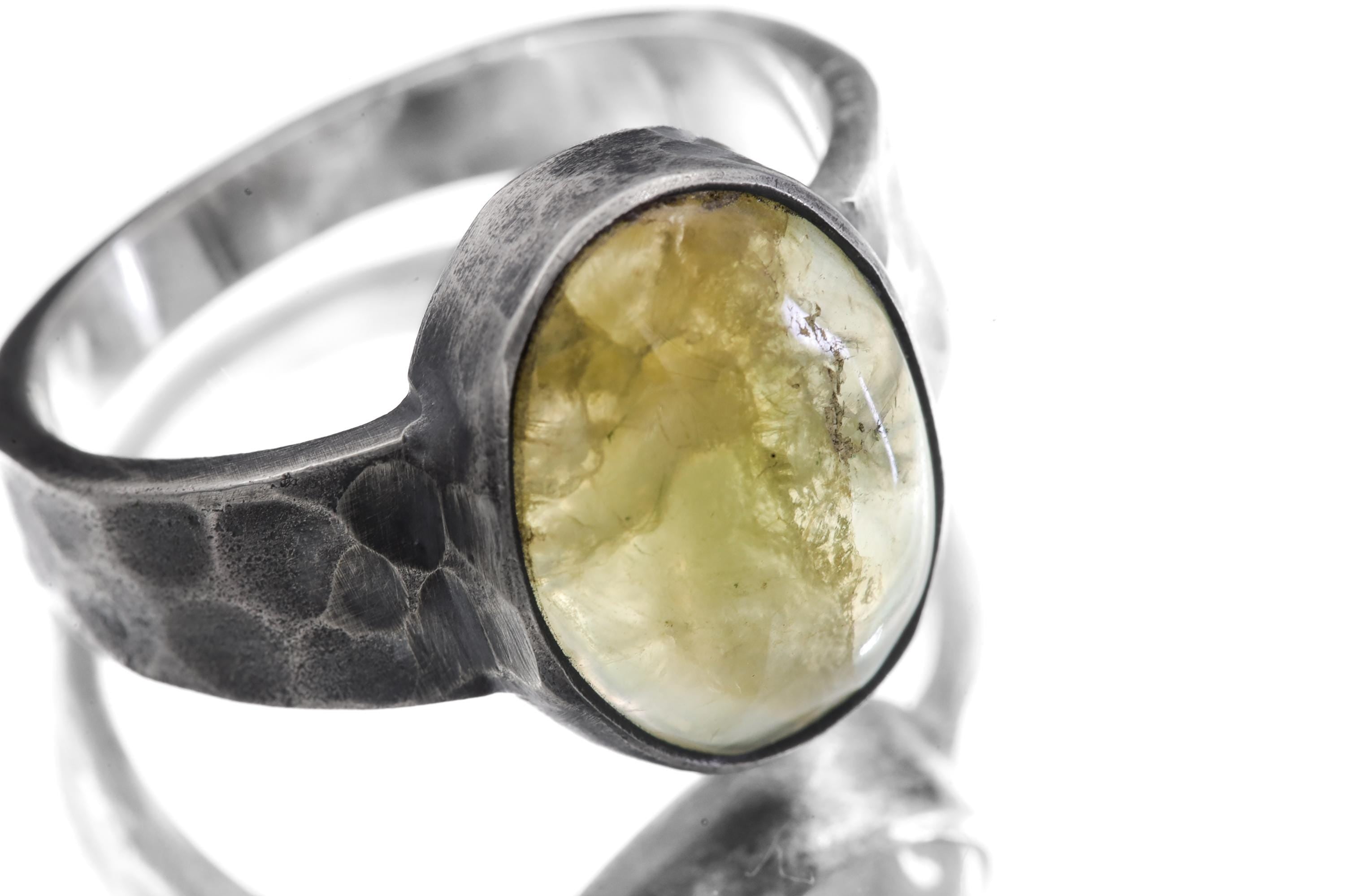 Australian Prehnite Ring 925 Silver Oval Cabochon Hammered Oxidised Band Mens Crystal Ring Heart Chakra Zodiac Healing Stone Jewelry