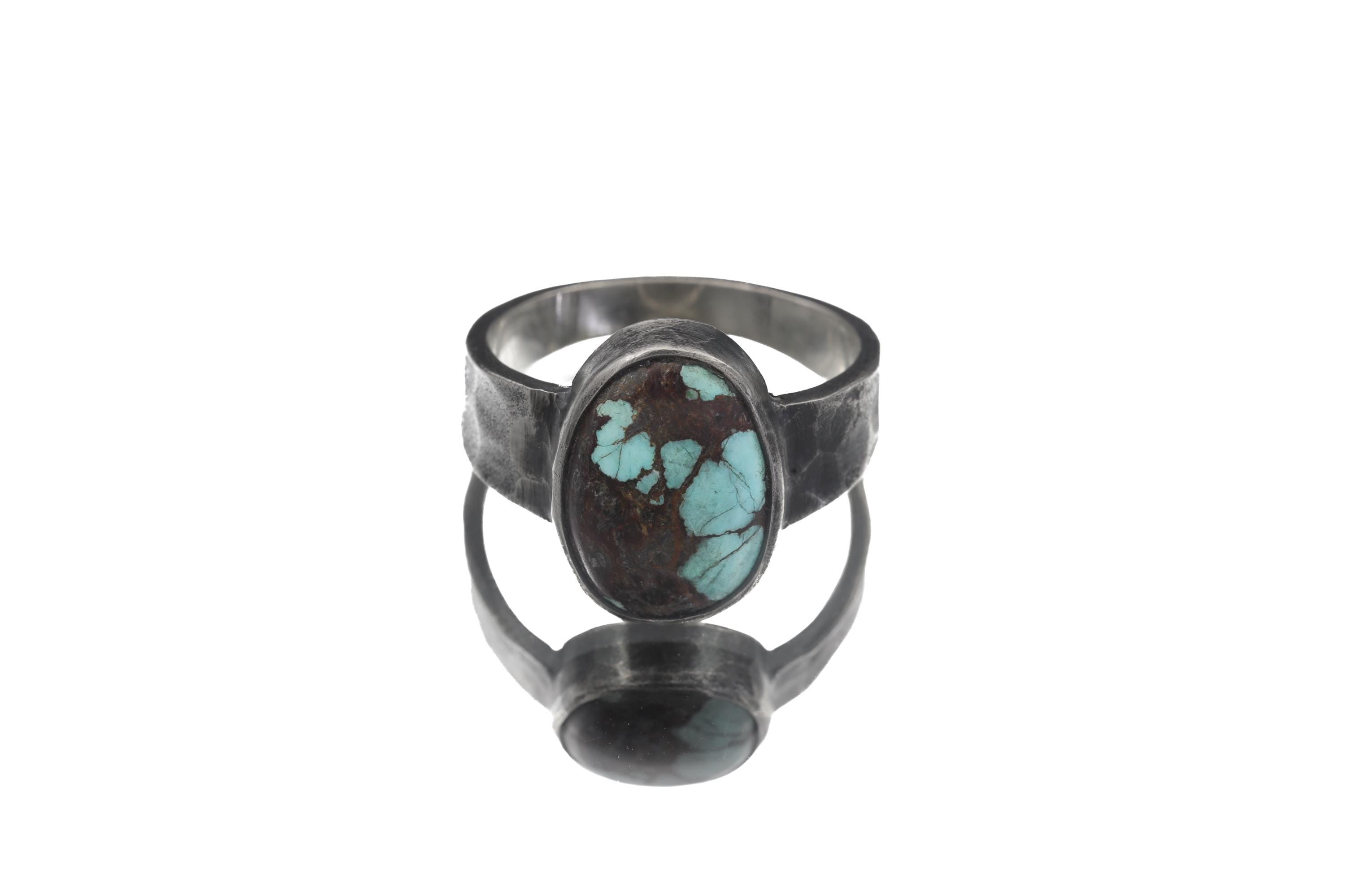 Old World Tibetan Turquoise Oval Cabochon from Trade Bead Ring Size 11 925 Silver Hammered Band Oxidised Finish Raw Men’s Jewelry