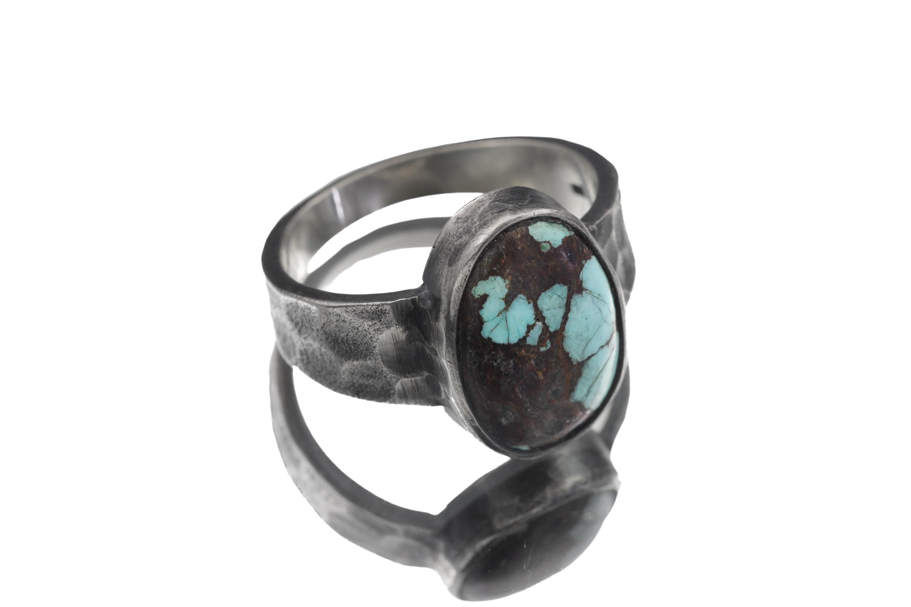 Old World Tibetan Turquoise Oval Cabochon from Trade Bead Ring Size 11 925 Silver Hammered Band Oxidised Finish Raw Men’s Jewelry
