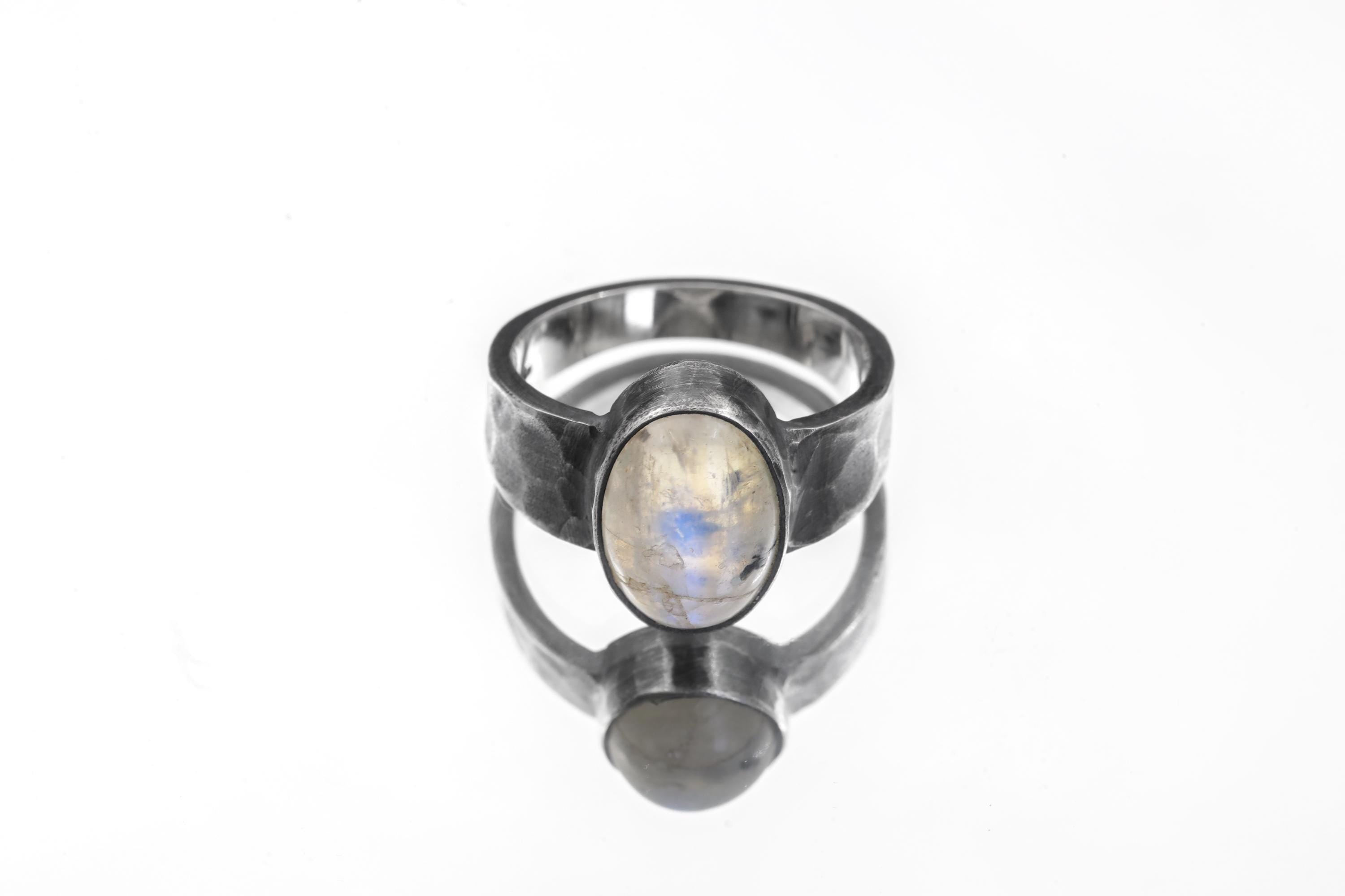 AAA Moonstone Silver Ring Oval Cabochon 925 Sterling Oxidized Textured Band Cancer Libra Crown Chakra