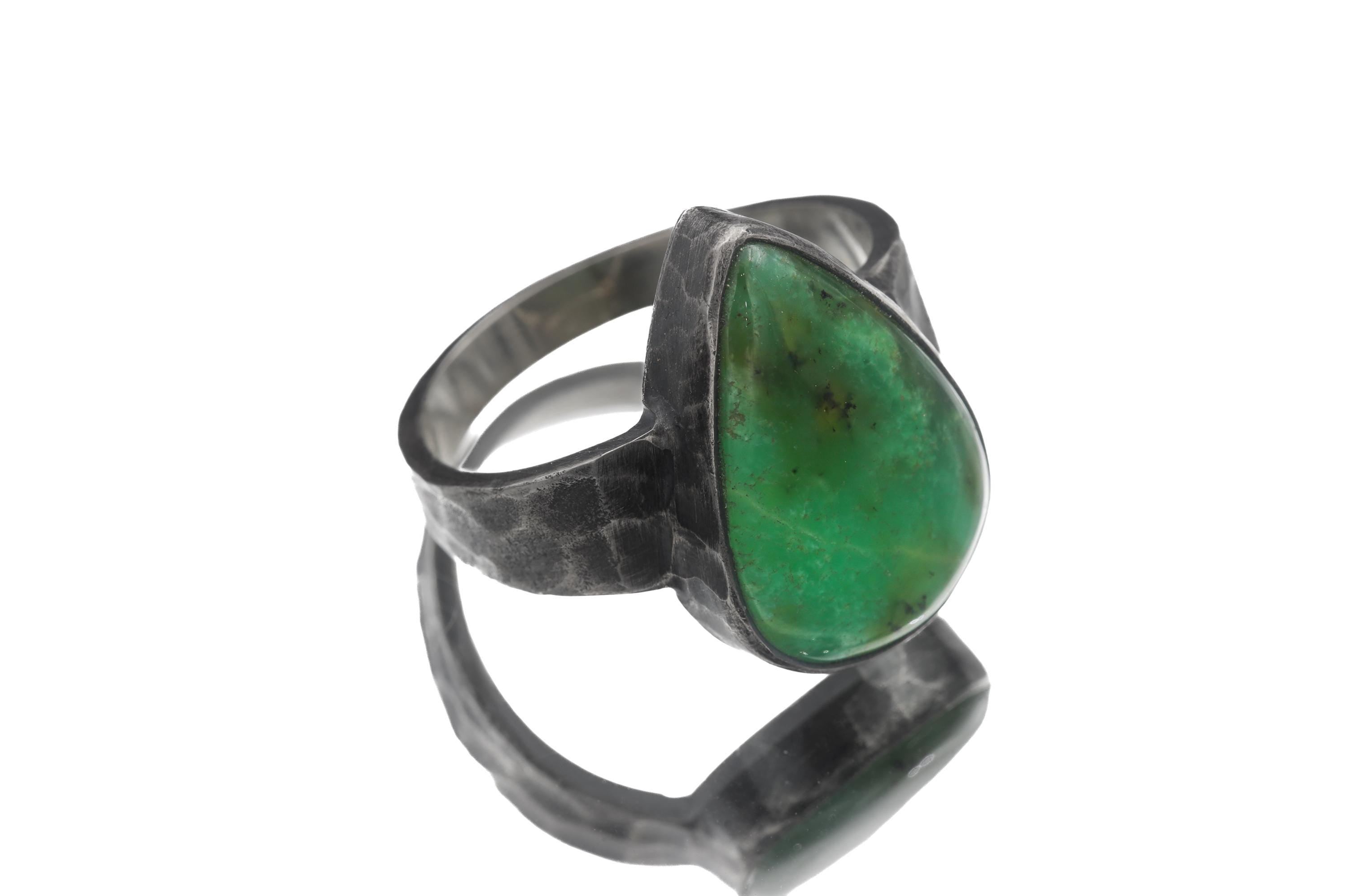 Chrysoprase Teardrop Ring, Hammered 925 Silver, Oxidized Gemstone Jewelry, Size 11