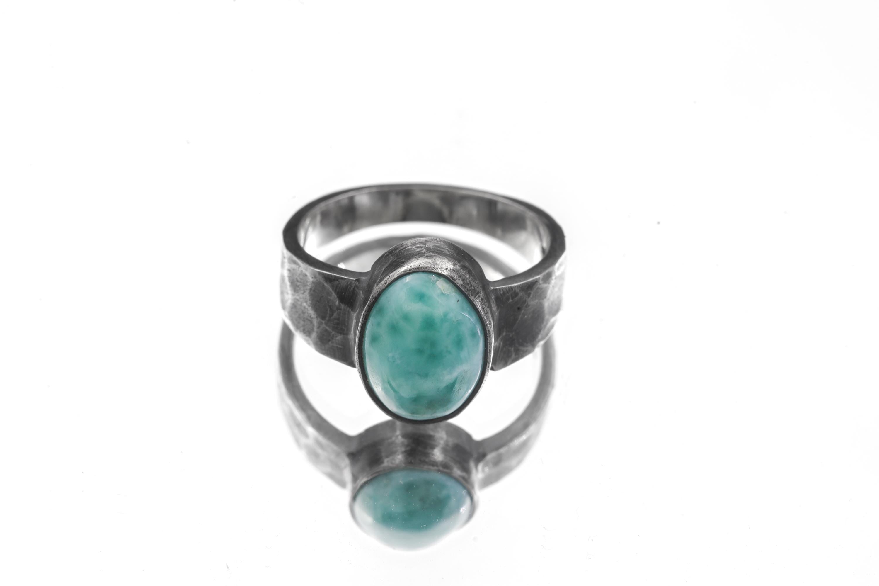 Larimar Cabochon Ring: Hammered 925 Silver Band, Size 10
