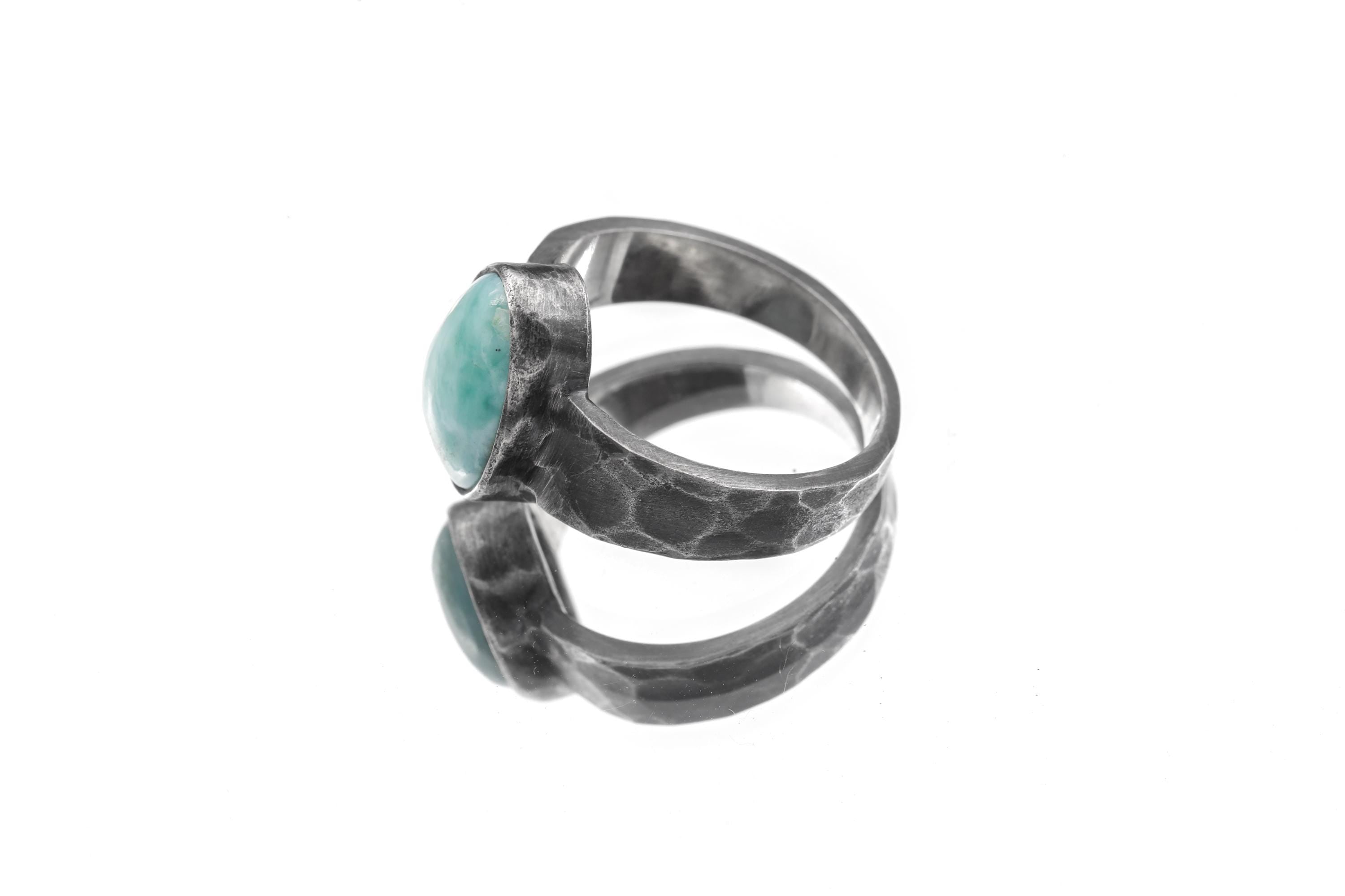 Larimar Cabochon Ring: Hammered 925 Silver Band, Size 10