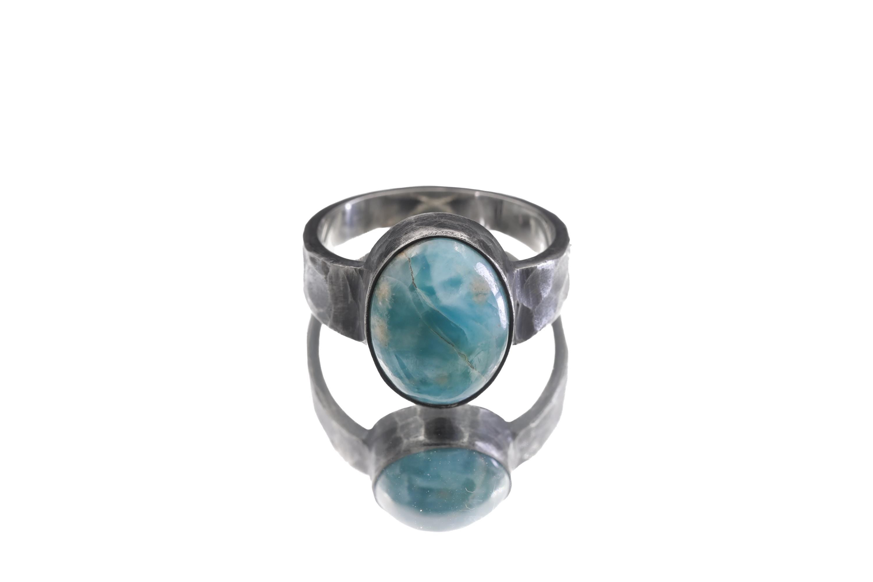 Larimar Cabochon Ring, Hammered Oxidized 925 Silver, Men's Size 10