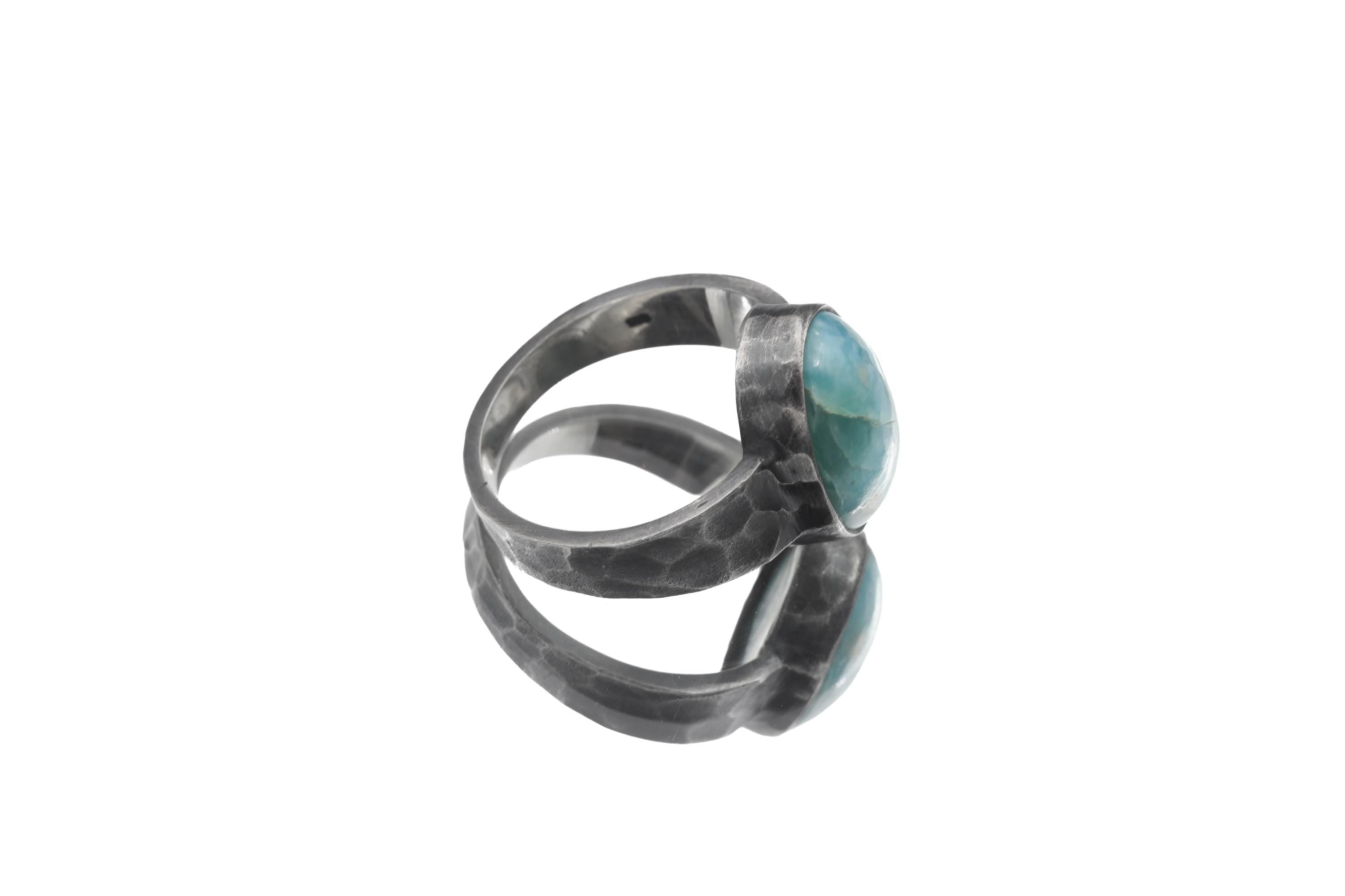 Larimar Cabochon Ring, Hammered Oxidized 925 Silver, Men's Size 10